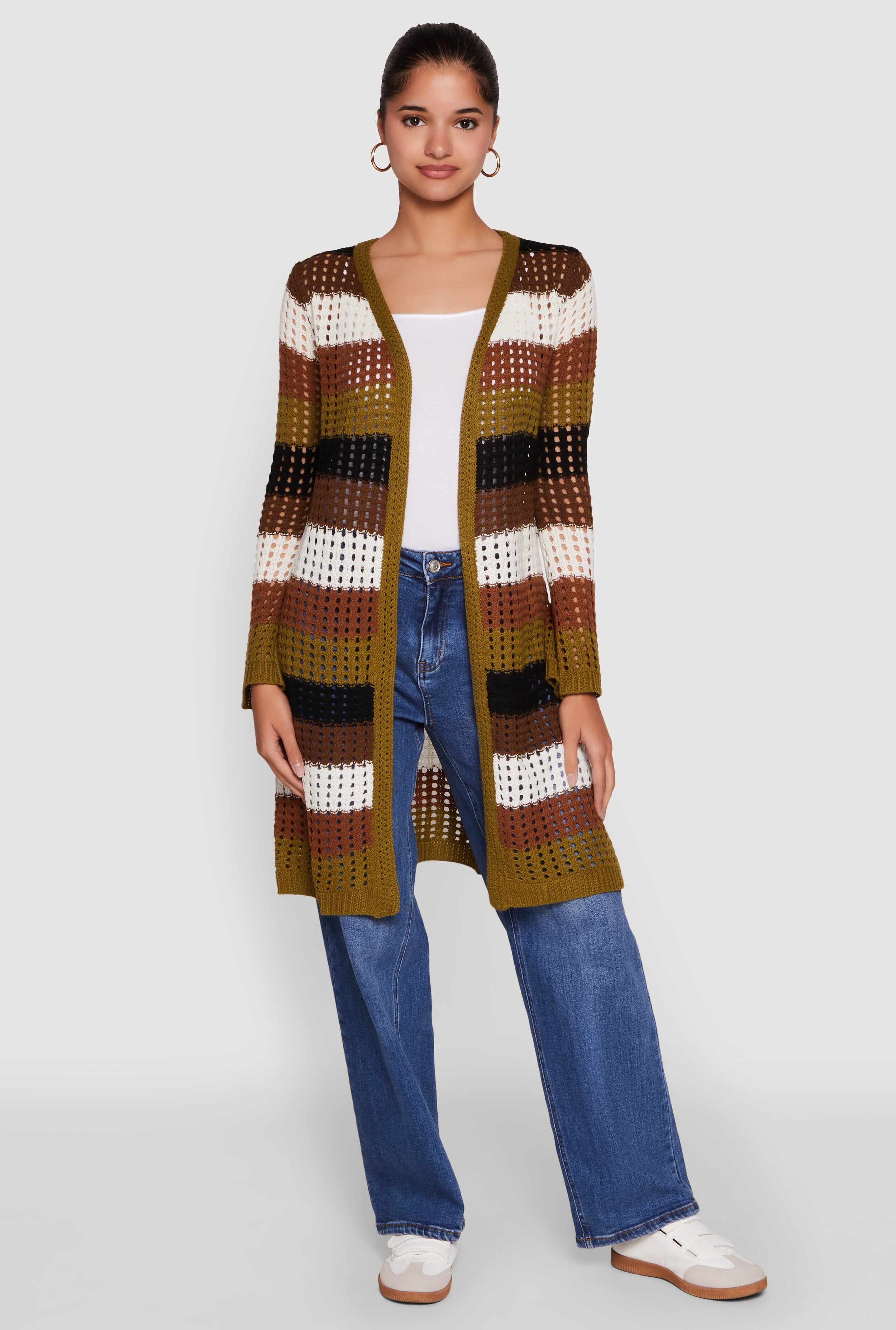 Chic Crochet Long Sleeve Striped Duster