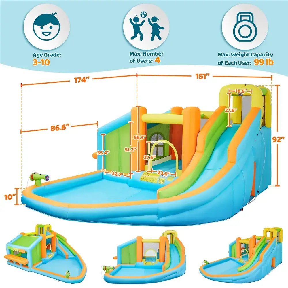8-in-1 Inflatable Bounce House with Splash Pool, Slide, Climbing Wall, and Market Stand for Kids Ages 3-10, 520W Blower, Portable & Multifunctional Playground Set