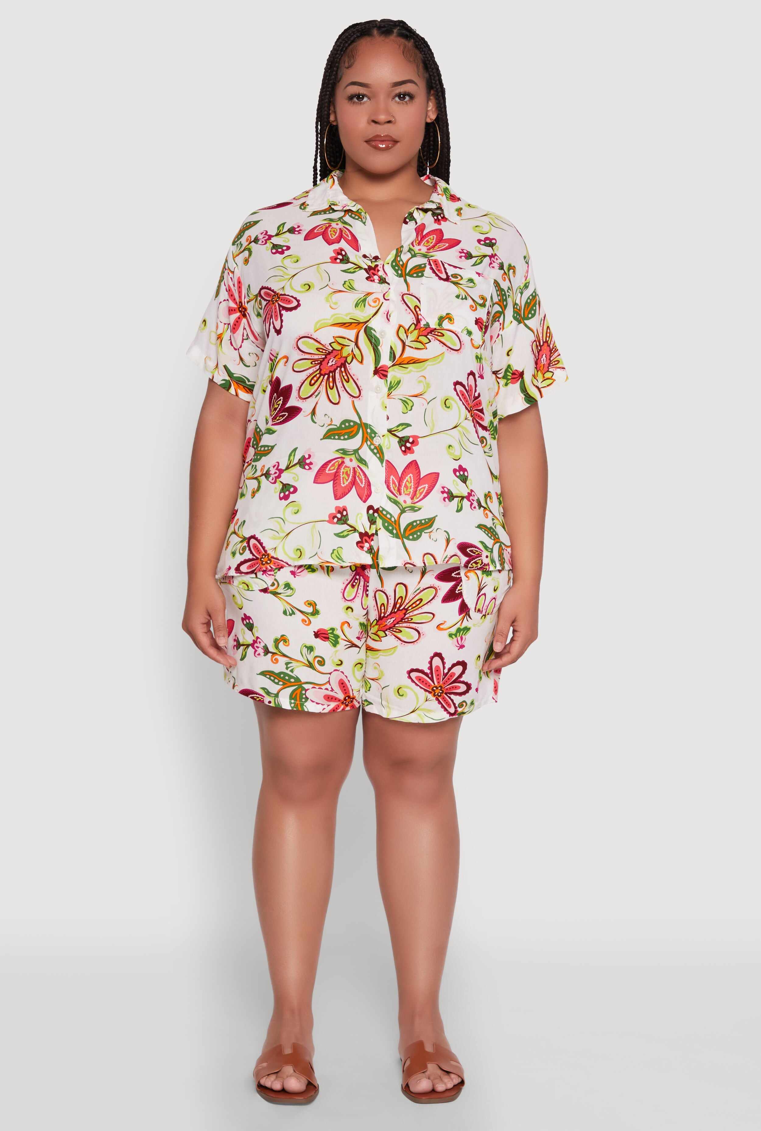 Plus Size Floral Print Button Front Shirt