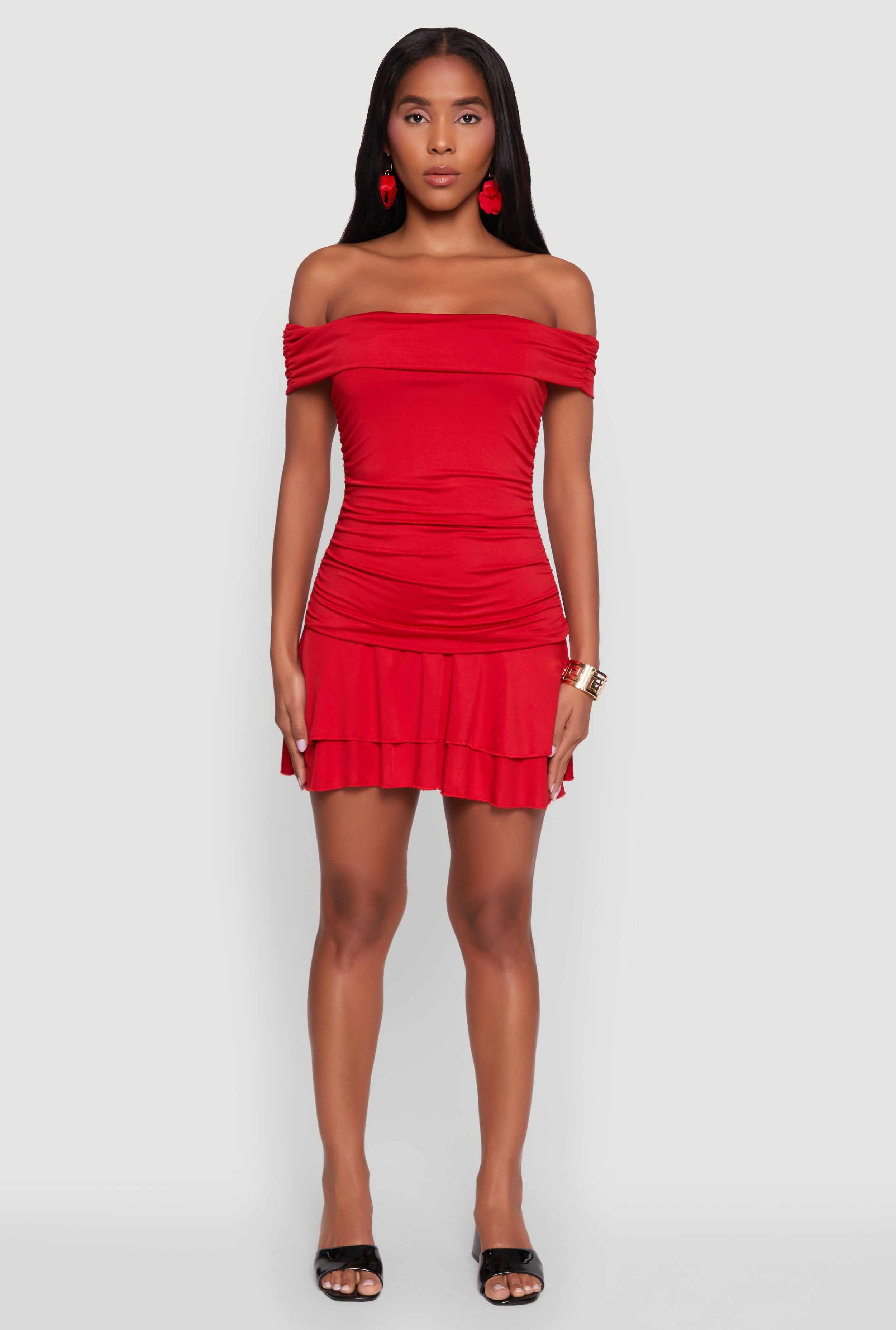 Off the Shoulder Ruched Tiered Bodycon Dress