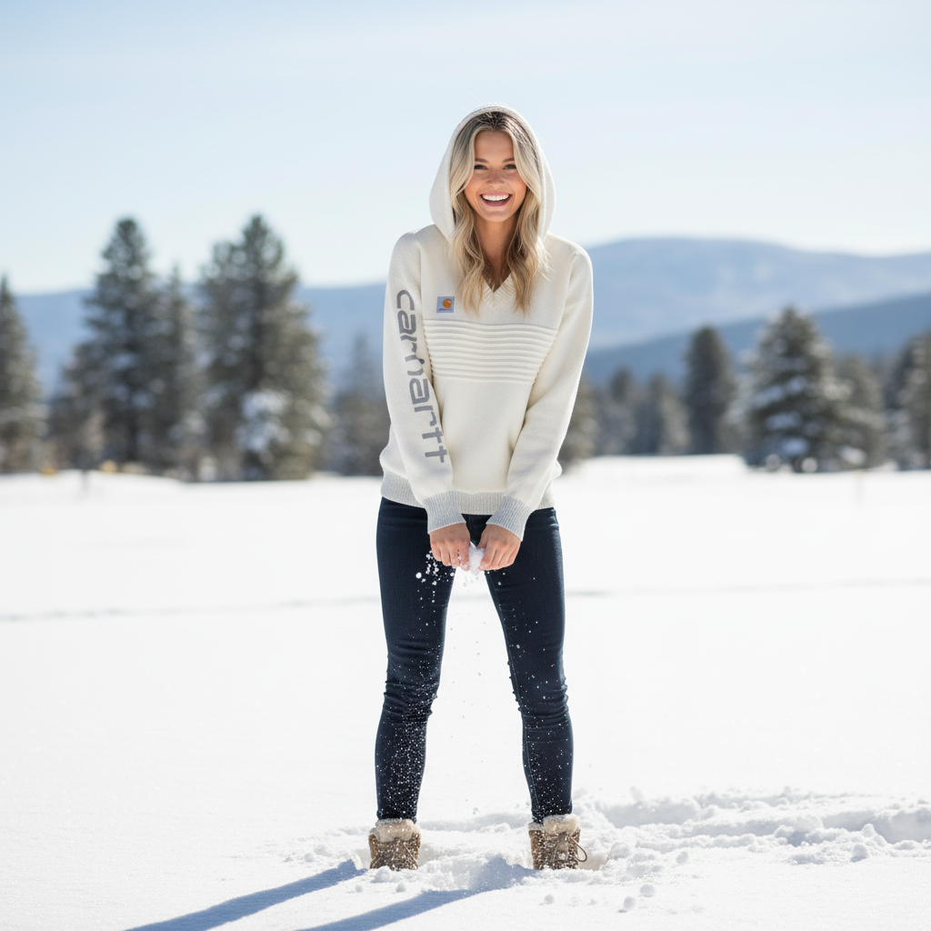 Western-style Beige Hooded Knit Sweater Women's V-neck Textured Pullover