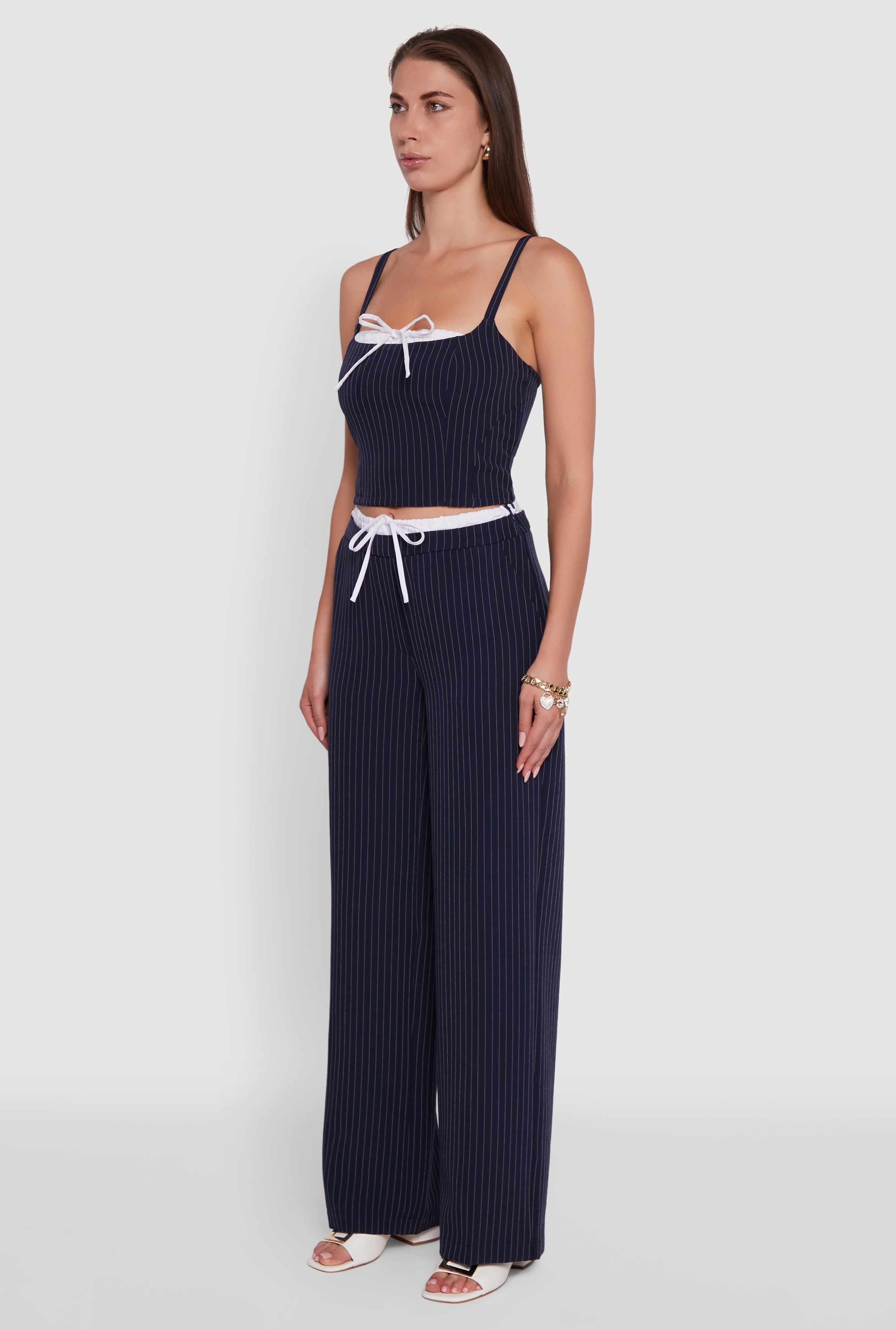 Iris Pinstripe Crop Top with Tie Front and Lace-Up Detail