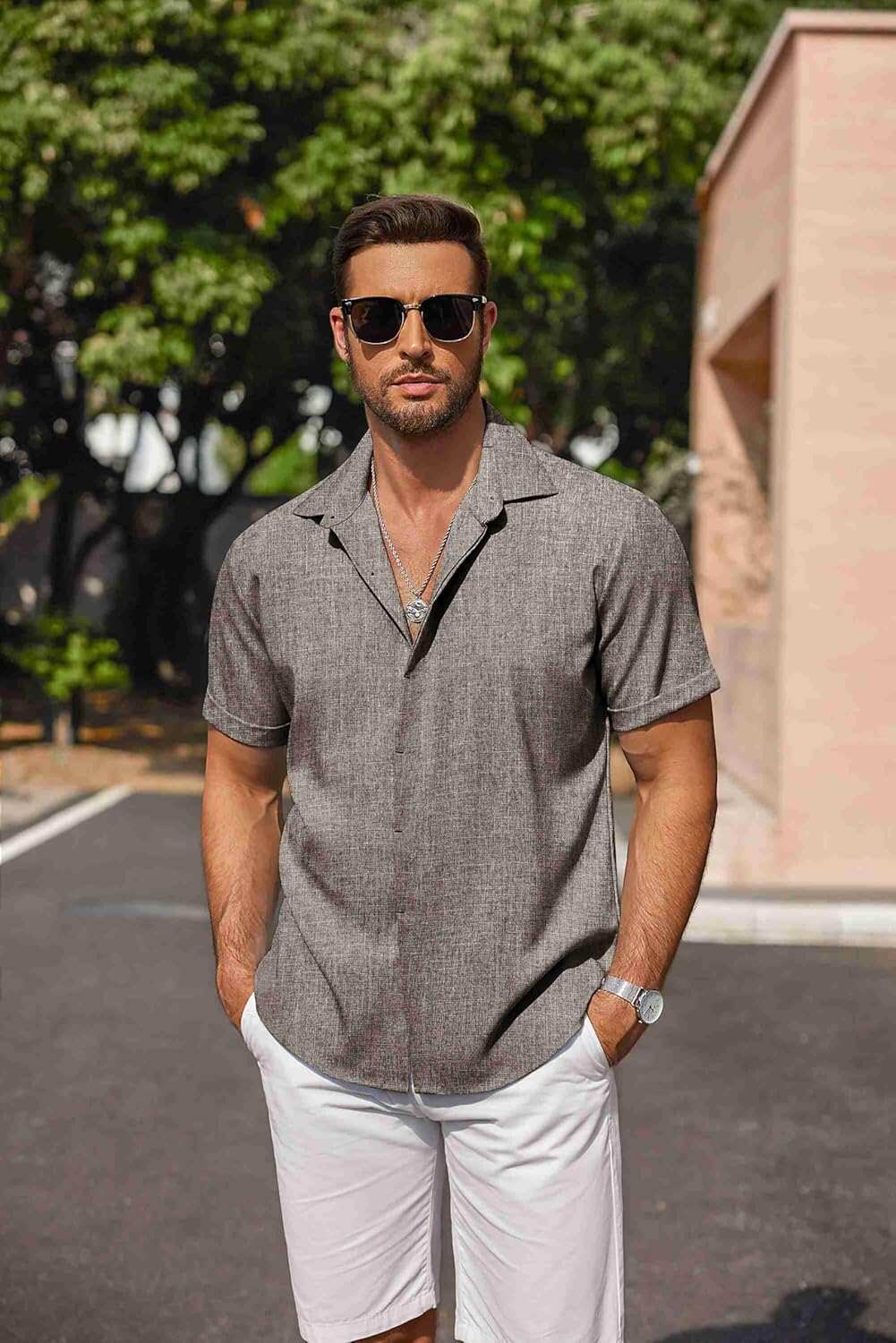 Men's Linen Shirts Short Sleeve Casual Shirts Button Down Shirt for Men Beach Summer Wedding Shirt