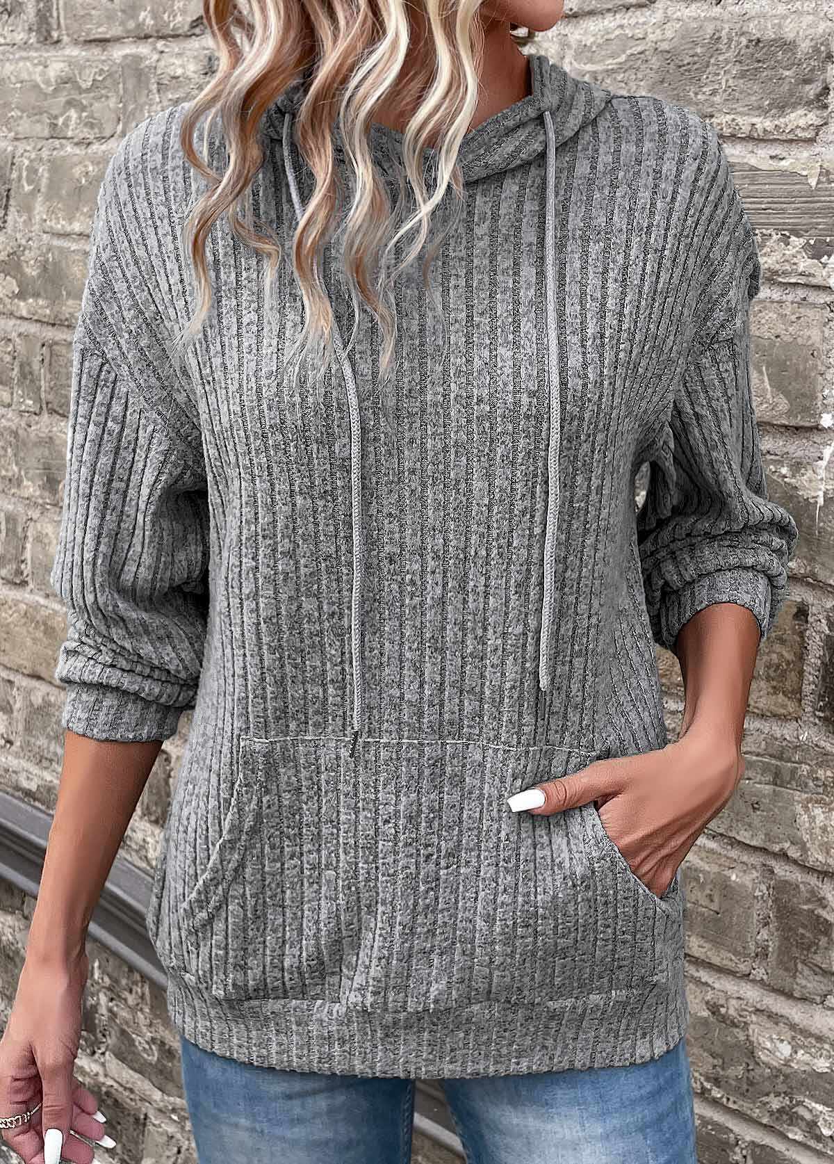 Grey Pocket Long Sleeve Hooded Sweatshirt