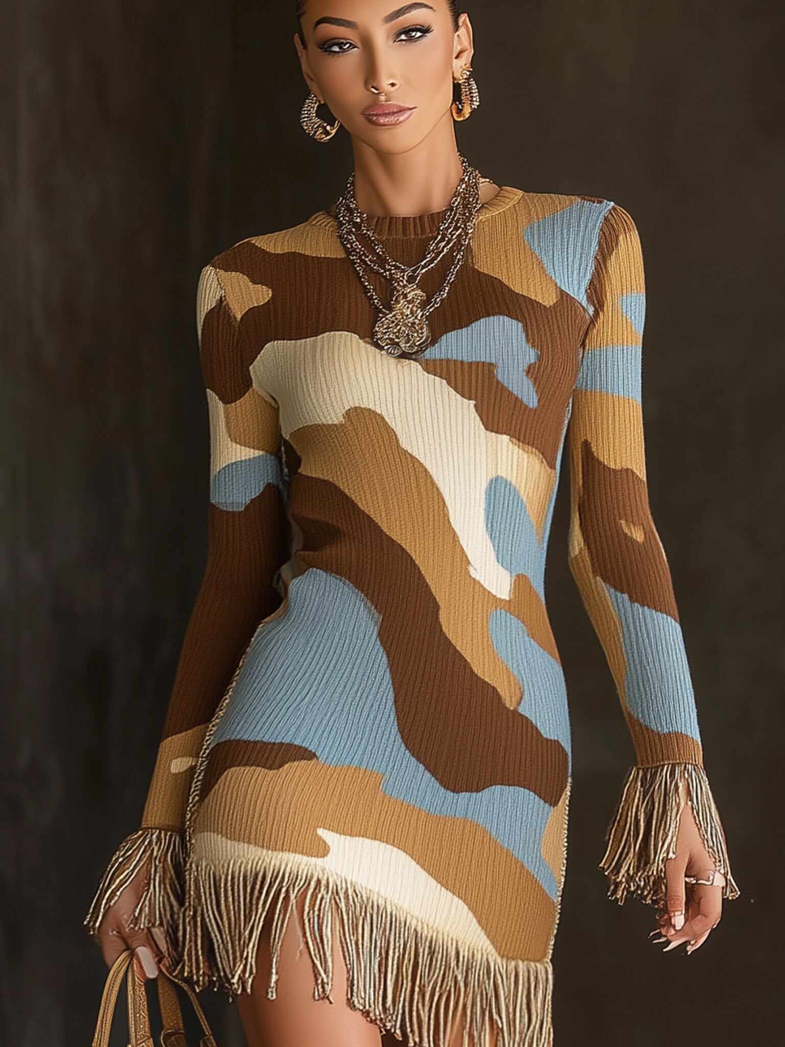 Colorful Camouflage Knit Fringe Long Sleeve Mini Dress