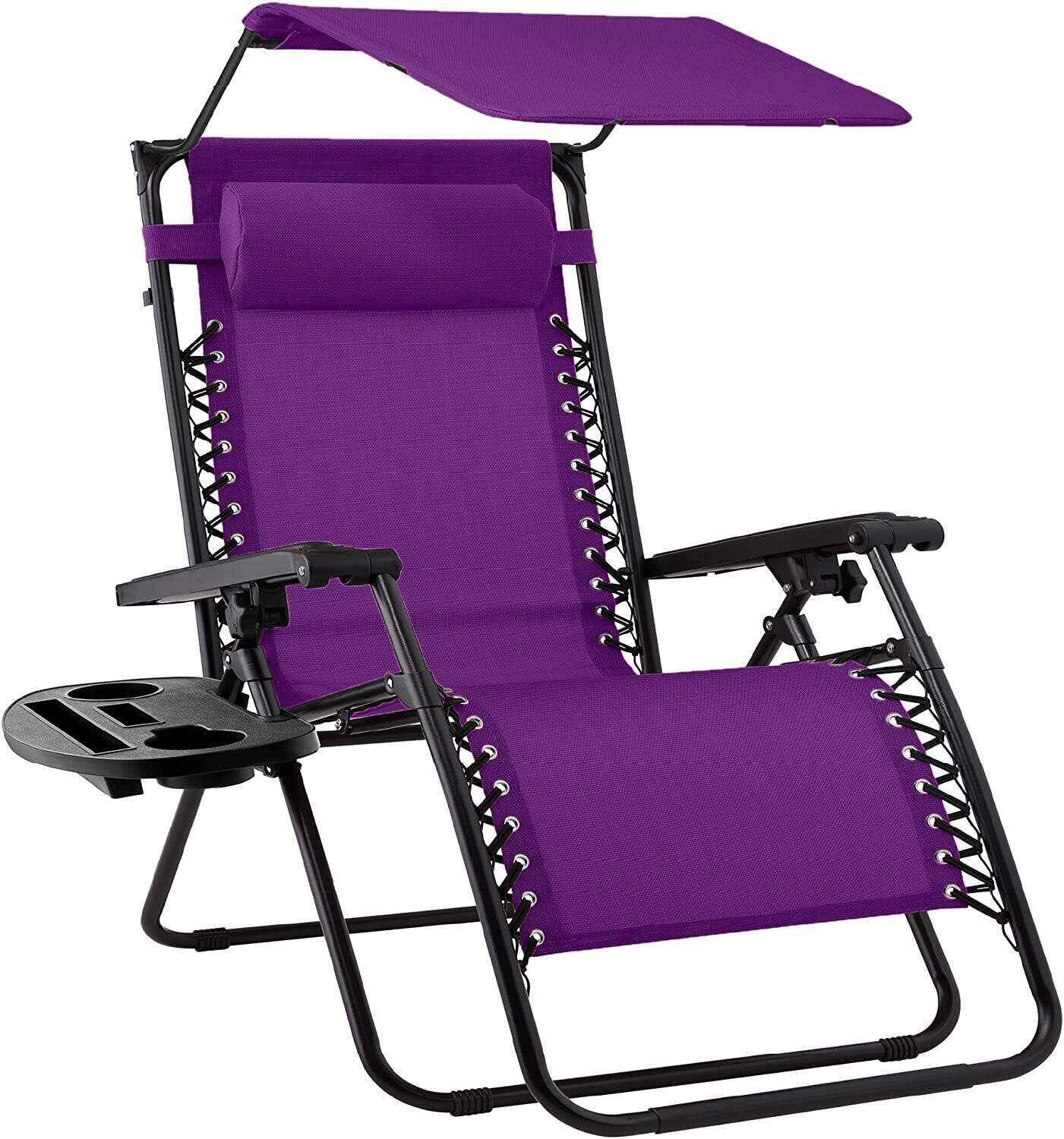 Folding Zero Gravity Recliner Patio Lounge Chair w/Adjustable Canopy Shade, Headrest, Side Accessory Tray, Textilene Mesh - Beige