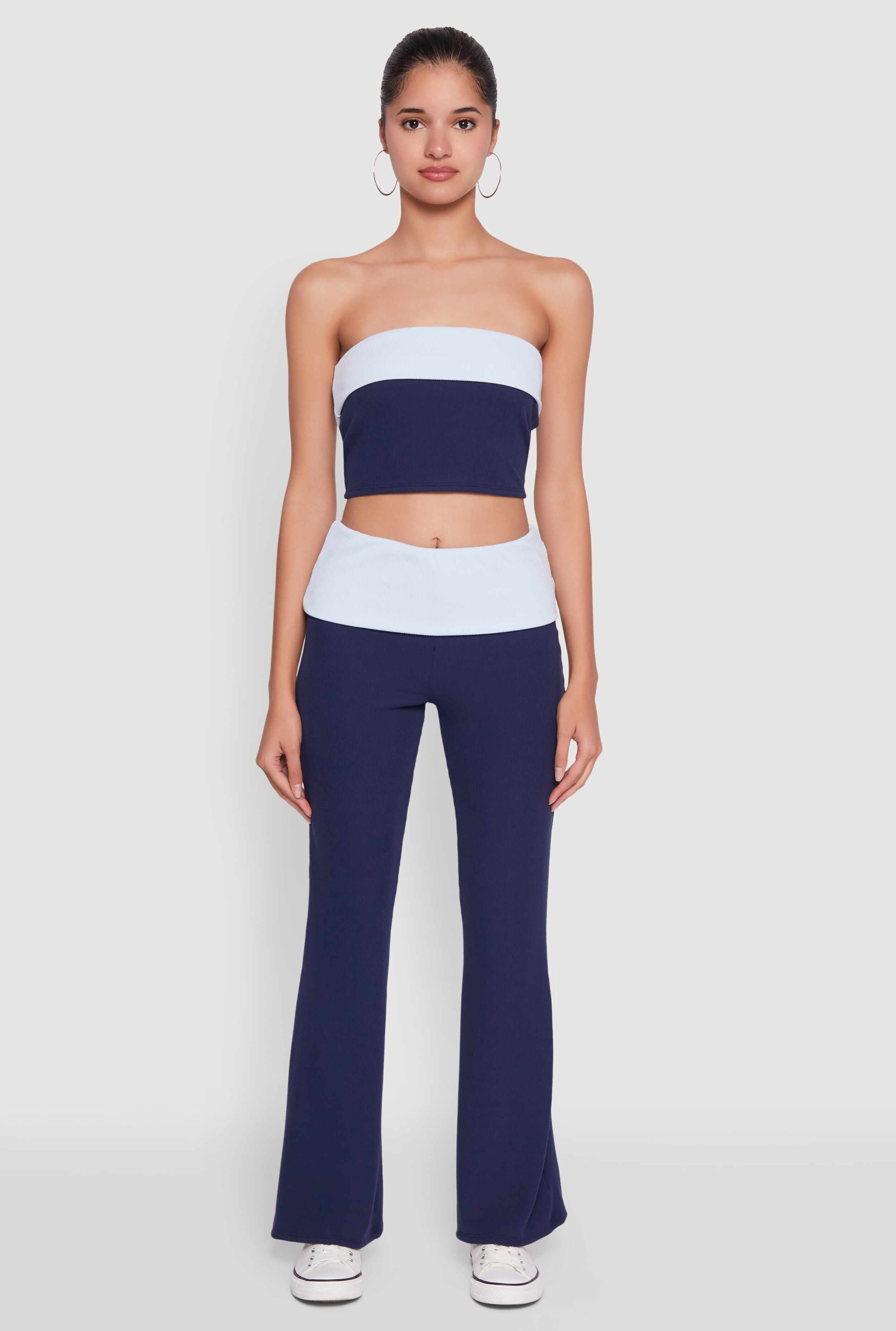 Stylish Rib Knit Contrast Fold Over Bootcut Pants