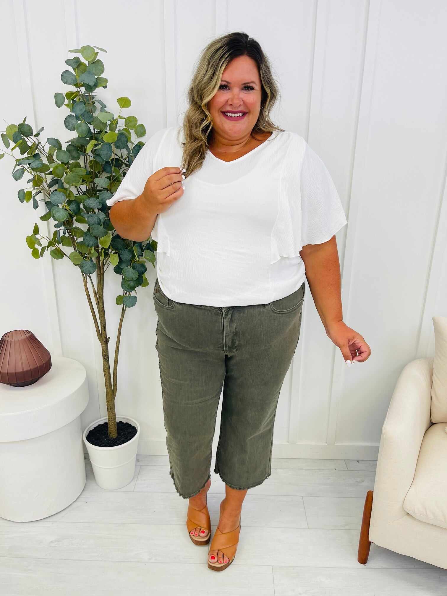 REG/CURVY Olive You Tummy Control Garment Dyed Wide Leg Cropped Jeans