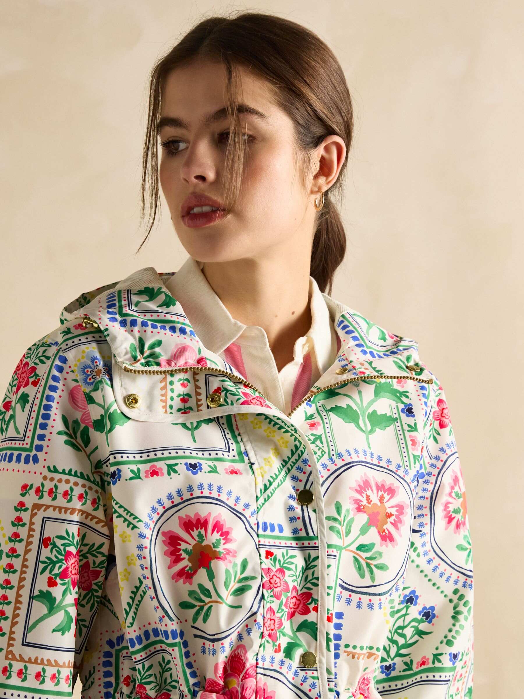 Holt Cream Tile Print Waterproof Packable Raincoat with Hood