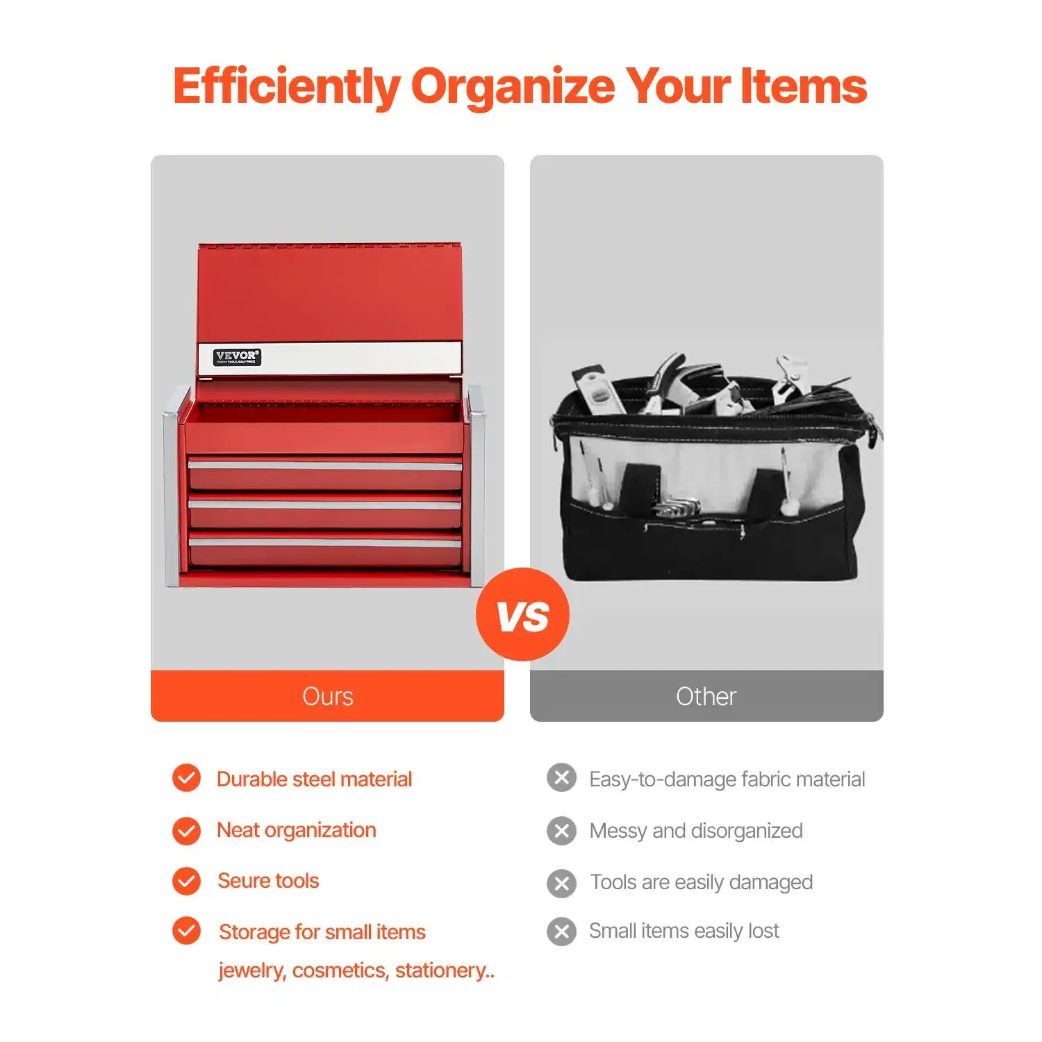8.6 Inch Portable Metal Tool Box with 3 Drawers, Heavy Duty Steel Small Tool Chest with EVA Liners & PP Feet Pads, Ball Bearing Slides & Powder Coated Finish