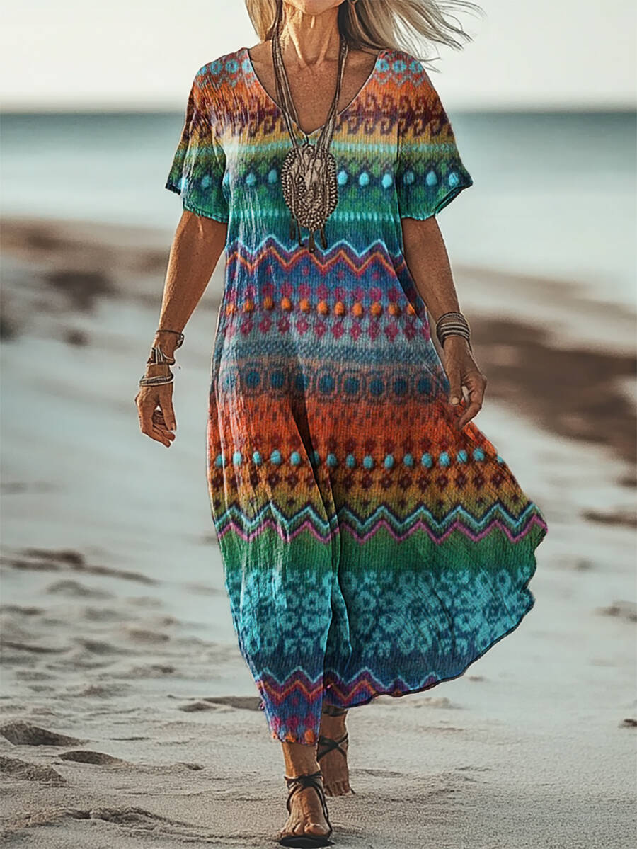 Women's Colorful Stripe Art Pattern Print Short Sleeve Pocket Cotton Linen Dress