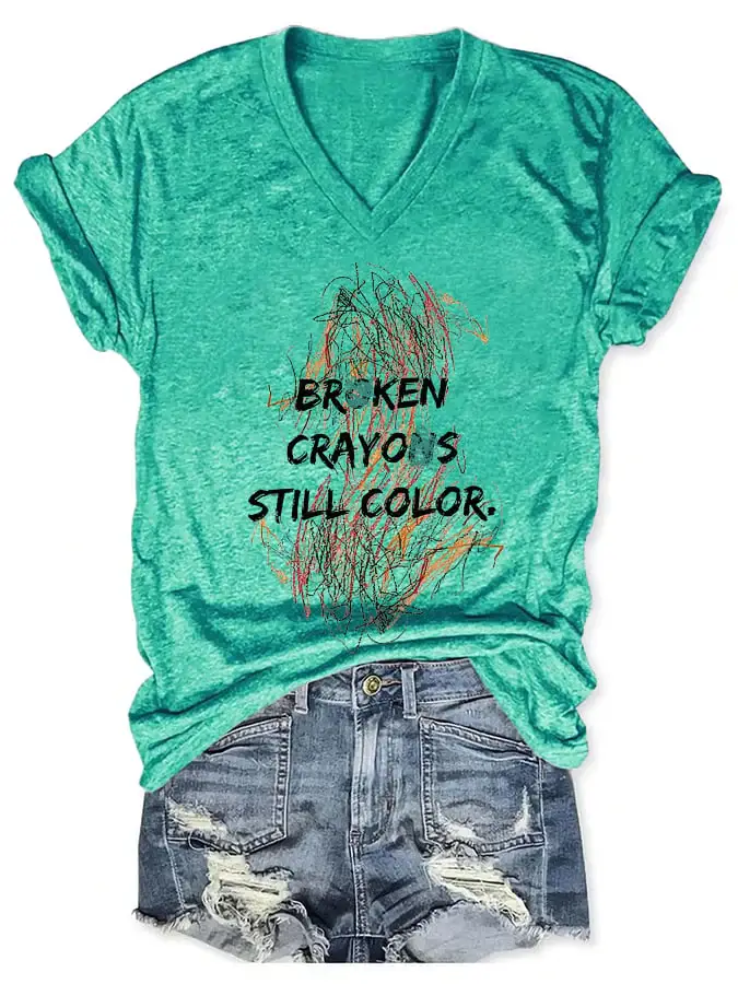 V-neck Retro Broken Crayons Still Color Print T-Shirt
