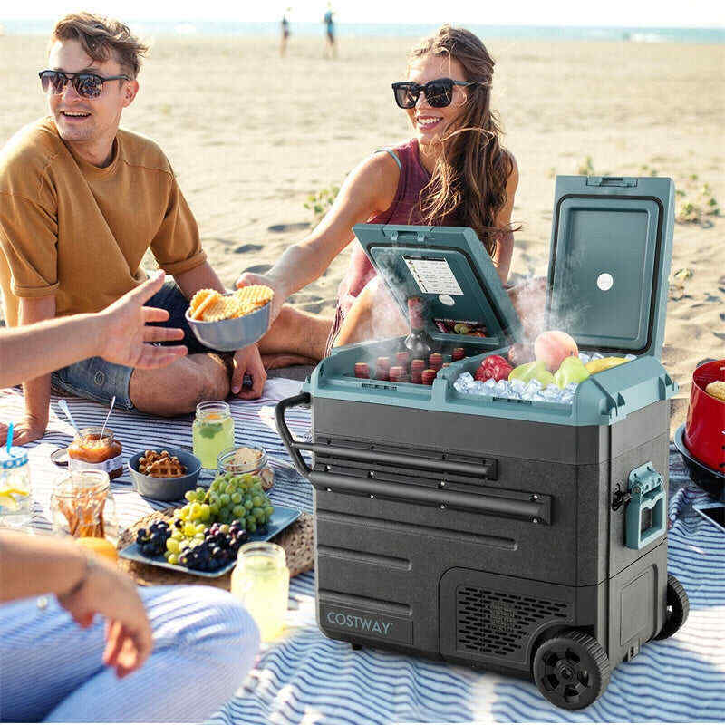 61 Quart Portable Car Refrigerator with Wheels 12/24V DC & 110-240V AC Dual-zone Electric Car Cooler Fridge for RV Camping Travel Home