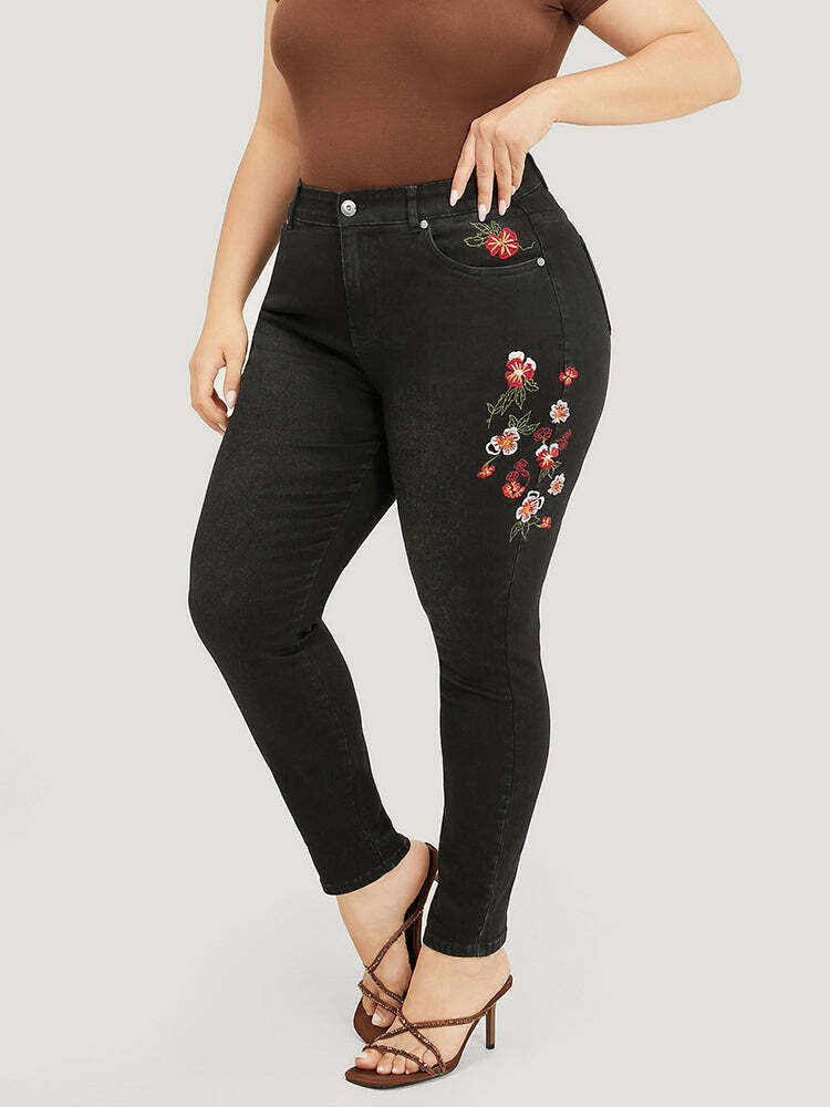 Very Stretchy High Rise Black Wash Floral Embroidered Jeans