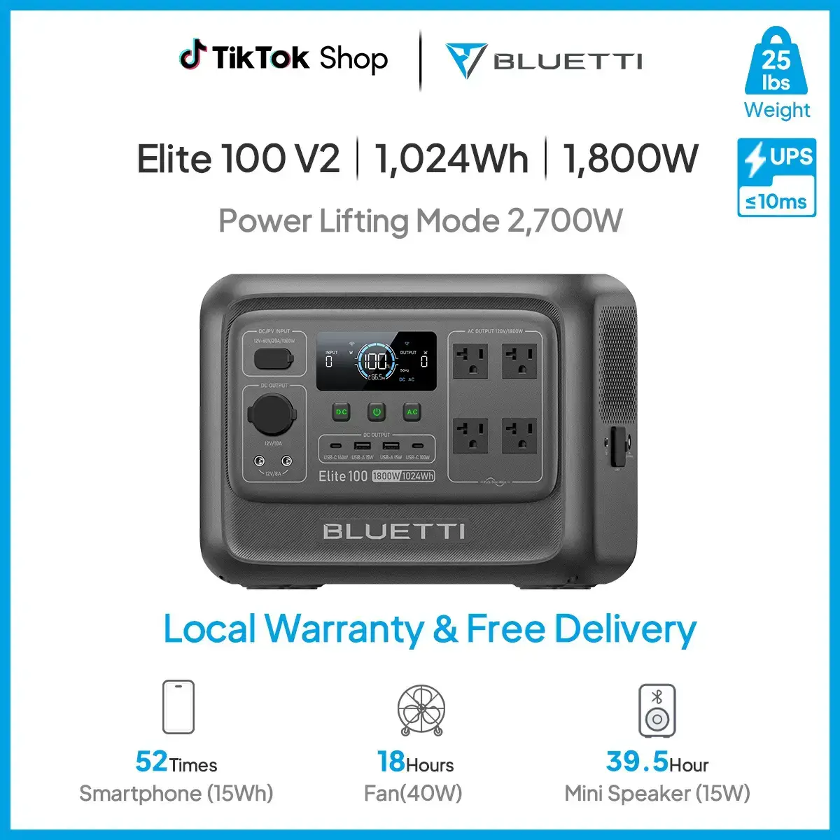 Elite 100 V2 1024Wh Portable Power Station, LiFePO4 Battery Solar Generator w/ 4 1800W AC Outlets (3600W Surge) Backup, 35% Smaller for Camping, Outages (Solar Panel Optional)