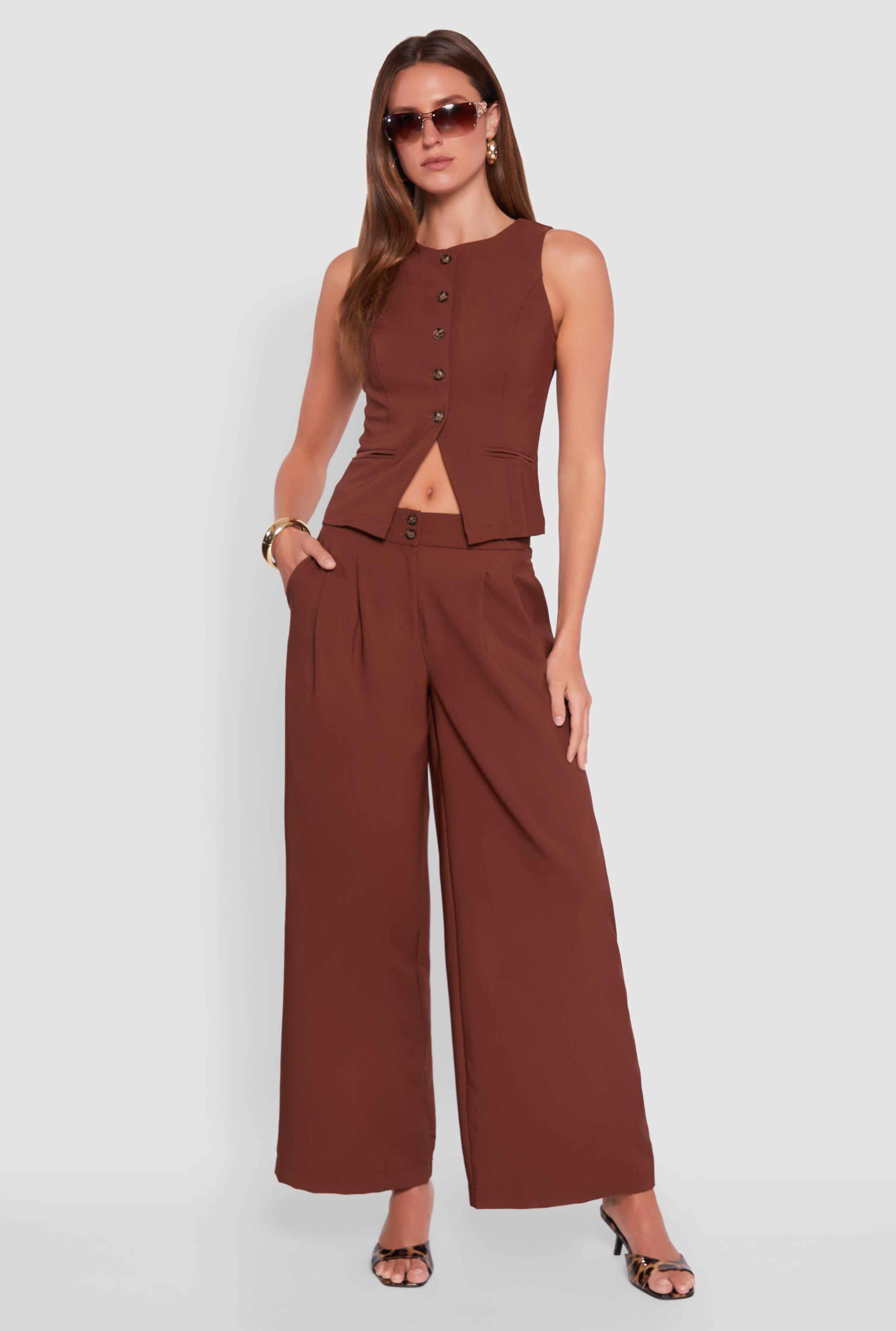 Solid Crepe Knit Pleated Detail Wide Leg Trousers