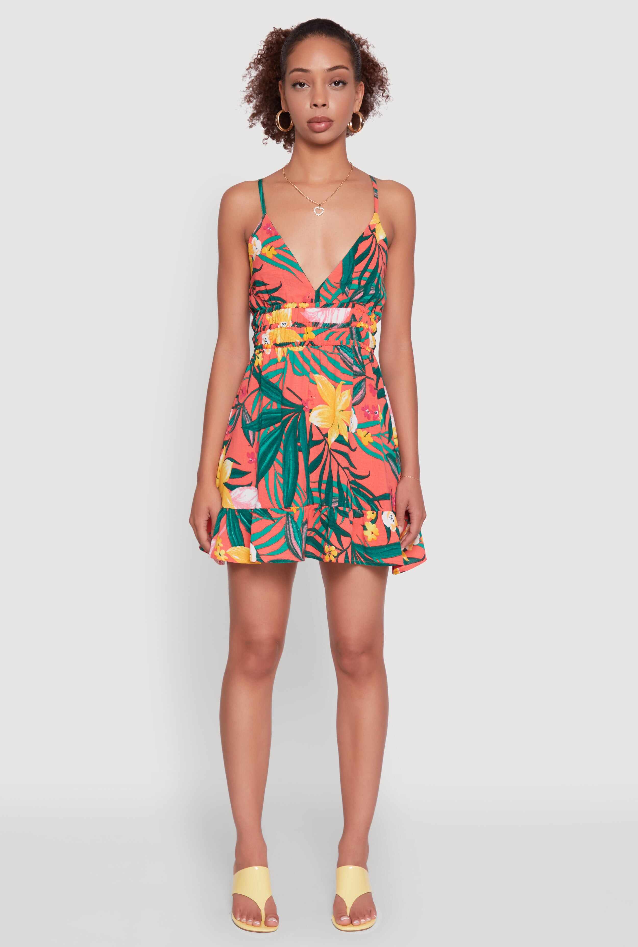 Tropical Floral Plunge Neck Sundress