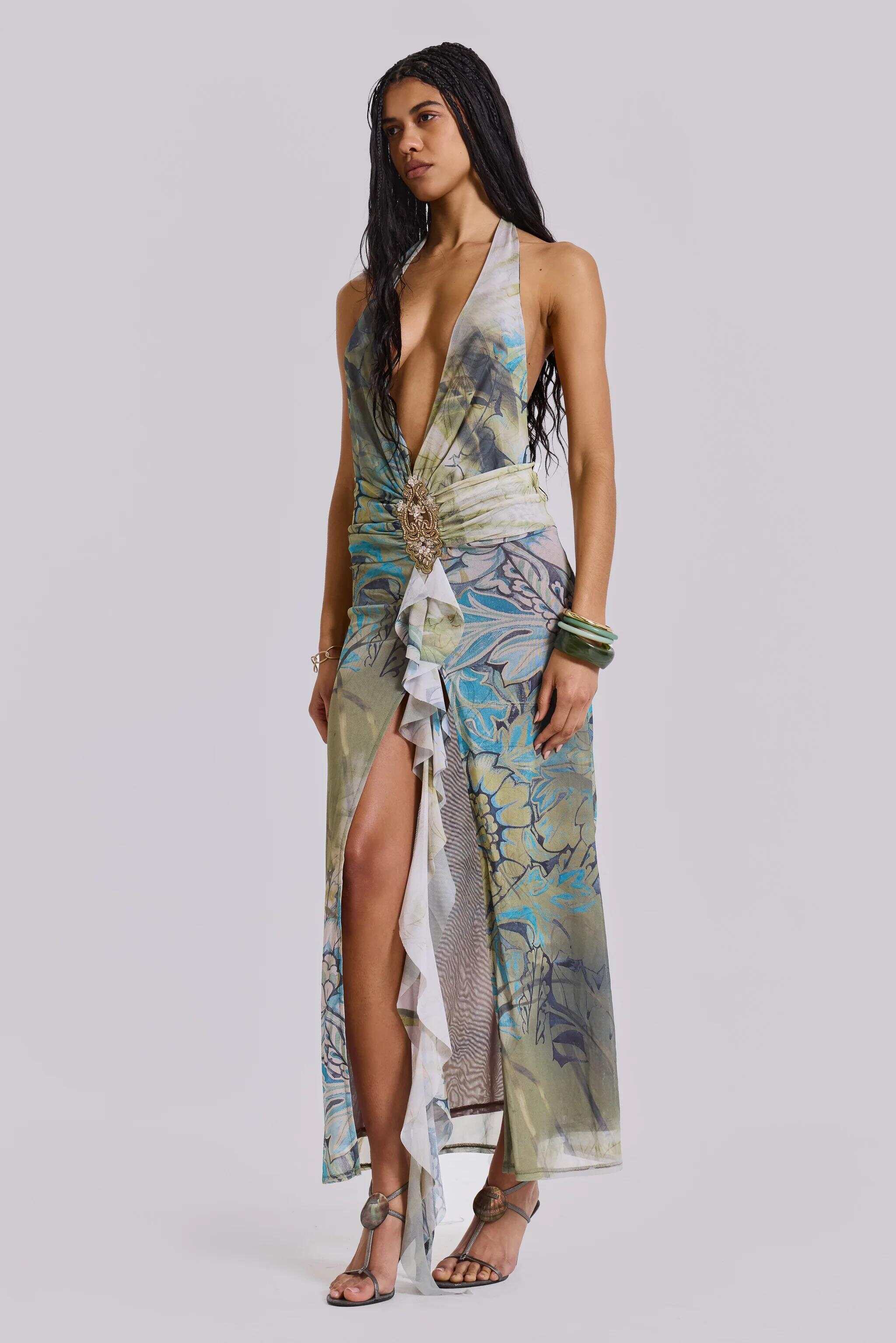 Cindy Plunge Maxi Dress In Green