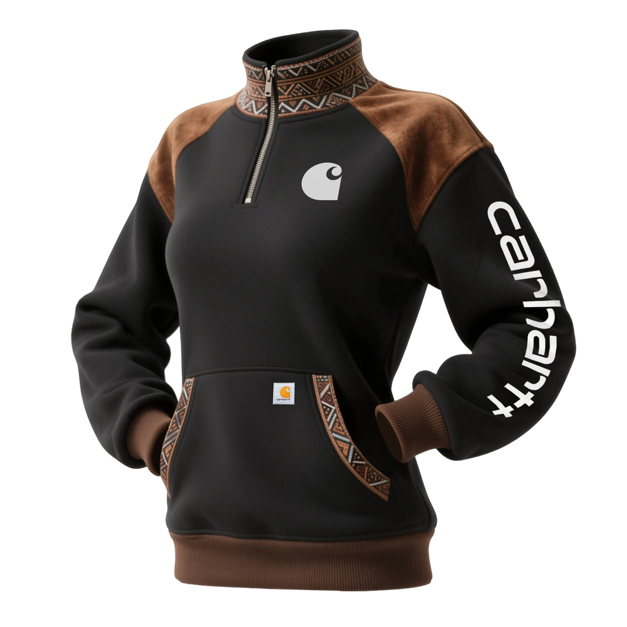 Women's Retro Ethnic Style Half-Zip Stand Collar Sweatshirt And Trousers Set