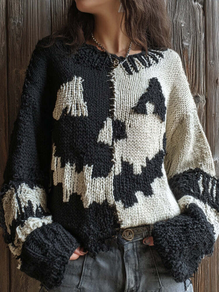 Women's Halloween Pumpkin Face Patchwork Cozy Pullover Knit Sweater