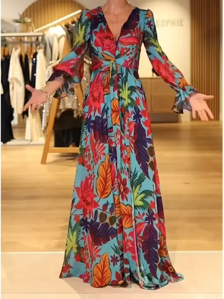 🔥Summer Arrivals🌟Elegant Women's V-neck Floral Print Maxi Dress