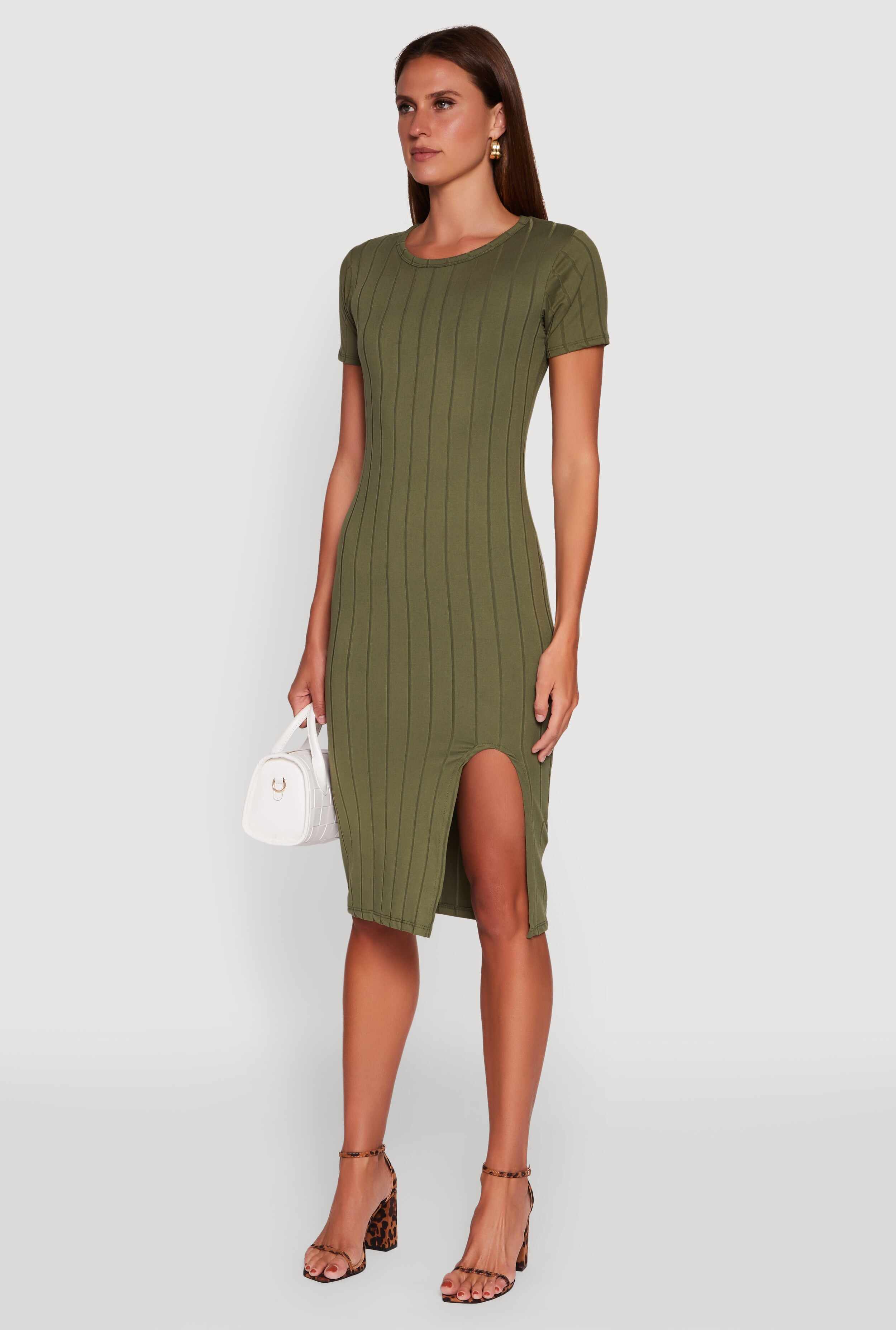 Ribbed Knit Shadow Stripe Midi T-Shirt Dress