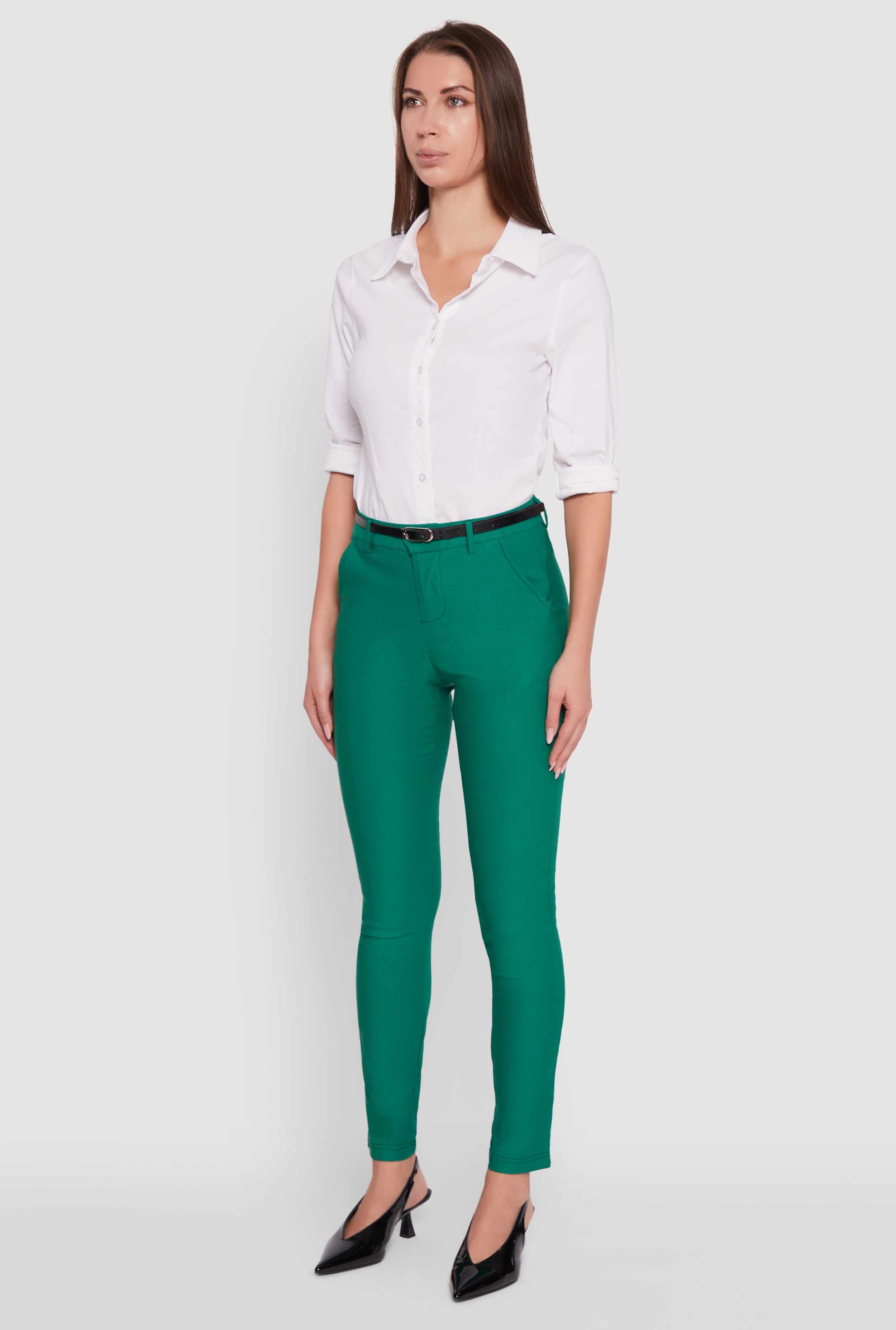 Skinny Leg Solid Pants with Belt