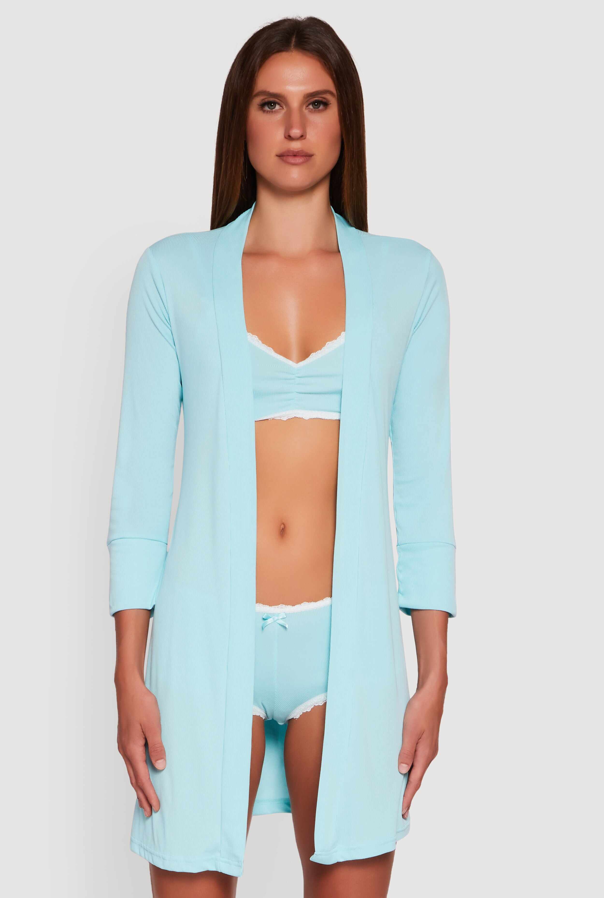 Rib Knit Pajama Bralette and Boyshort Panty with Robe