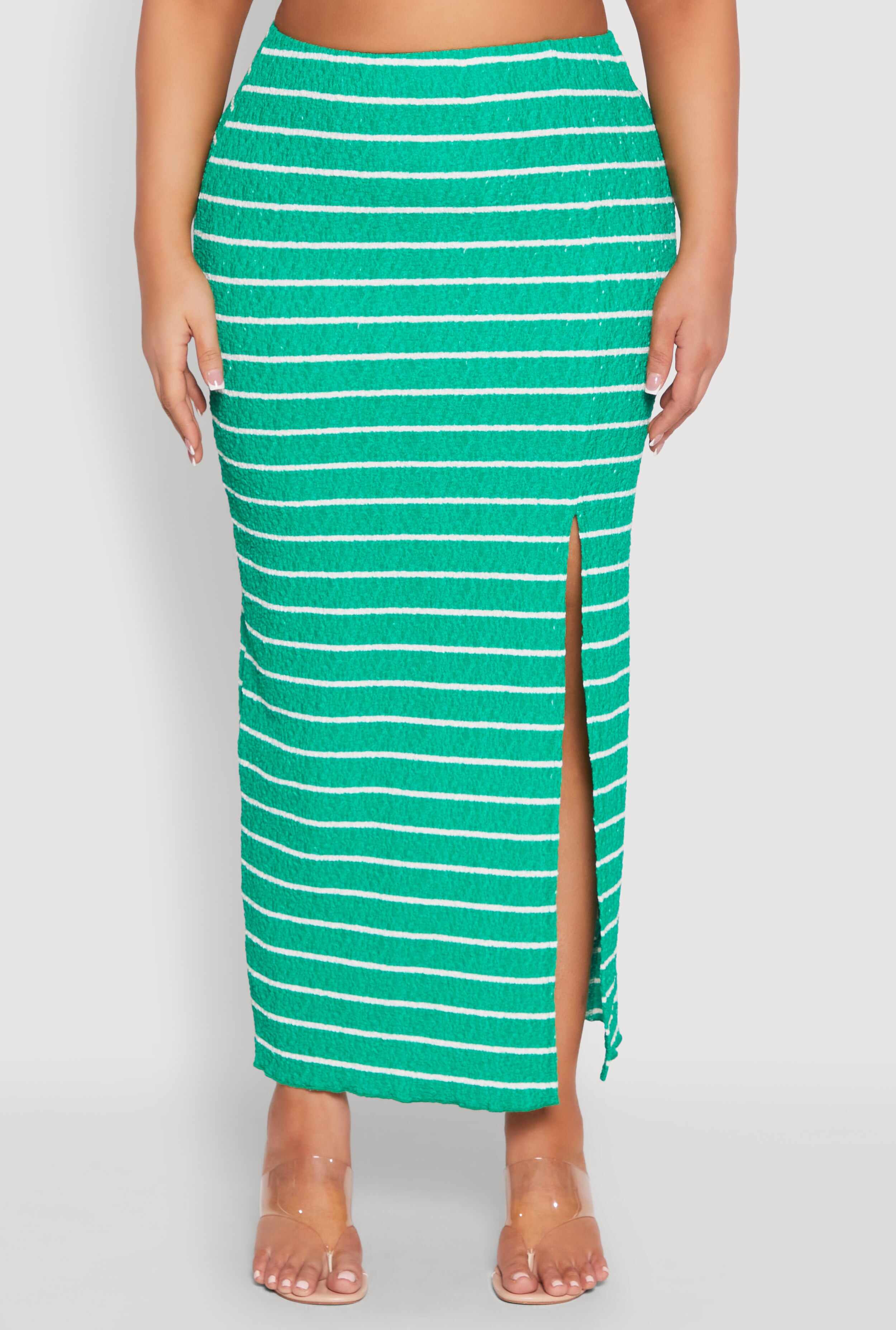 Plus Size Almost Famous Striped Textured Side Slit Maxi Skirt