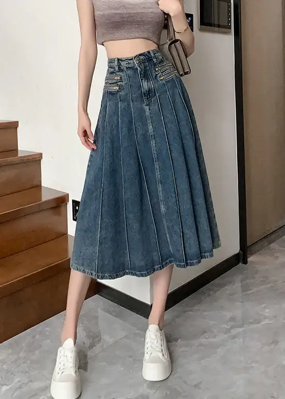 Modern Navy High Waist Zip Up Denim Pleated Skirt Summer
