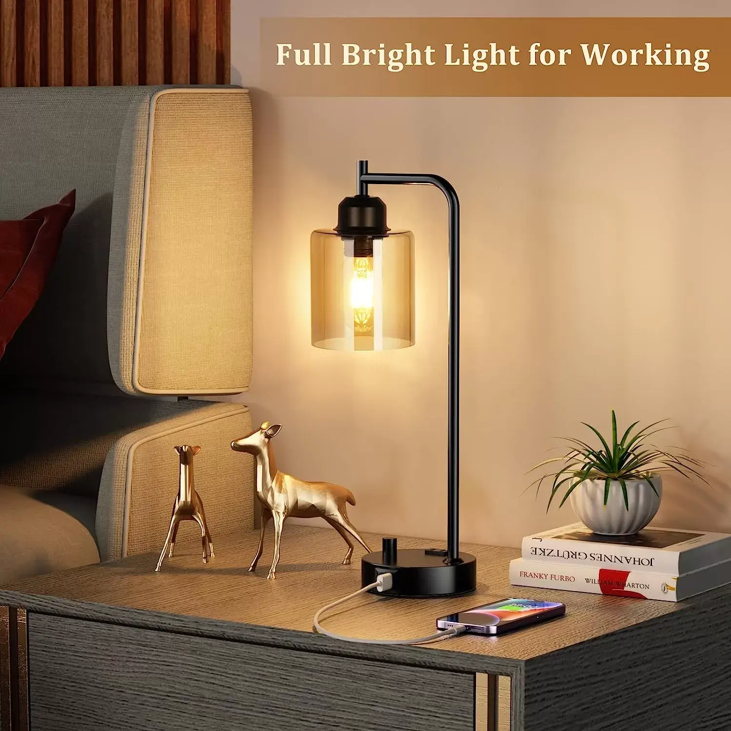 Industrial Bedside Table Lamp for Bedroom - Nightstand Lamps with USB C Charging Port, Fully Dimmable Black Lamps with USB Ports and Outlets, Small Desk Lamp with Glass Shade for Office Living Room