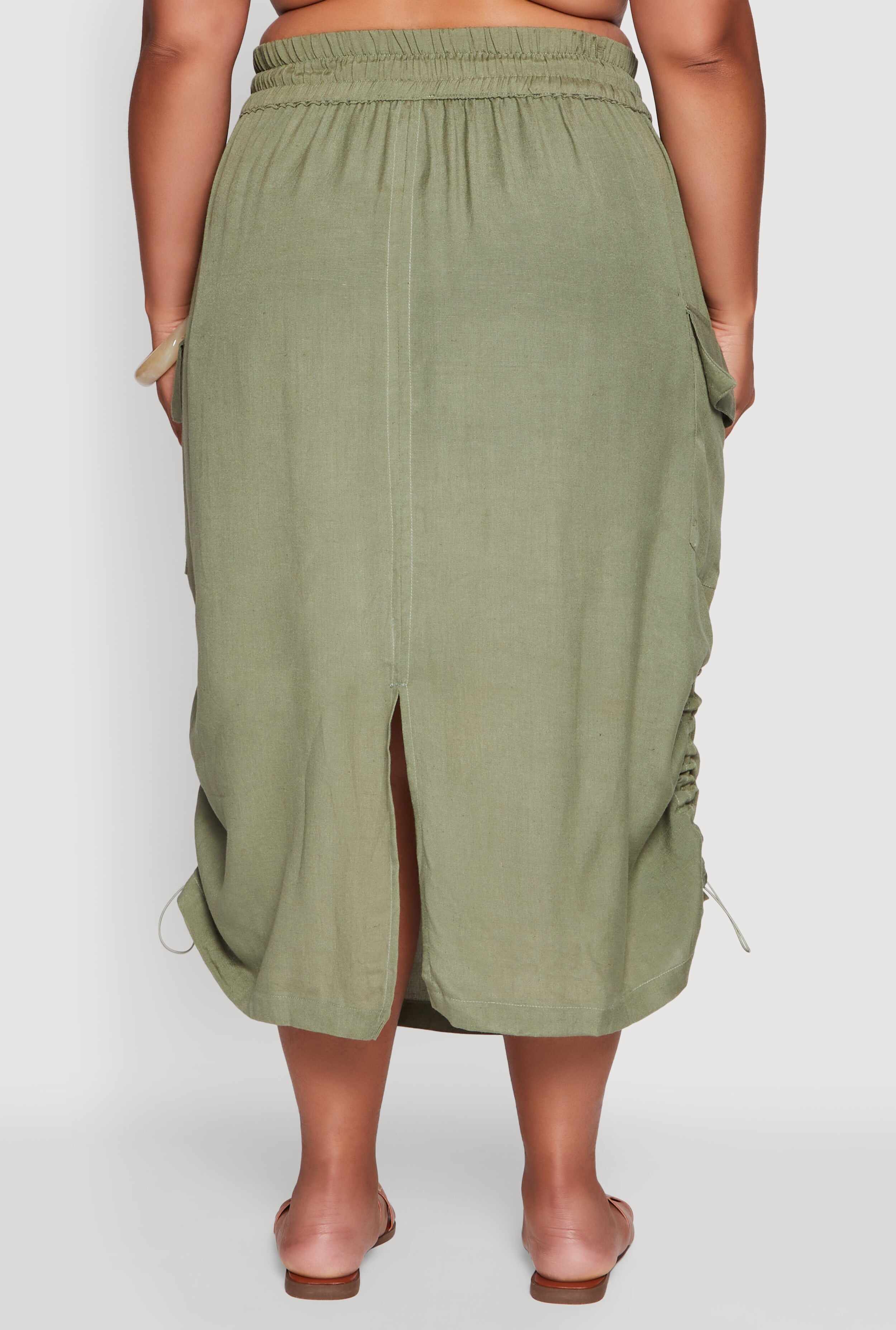 Plus Size High Waisted Toggle Drawstring Hem Linen Skirt with Ruching