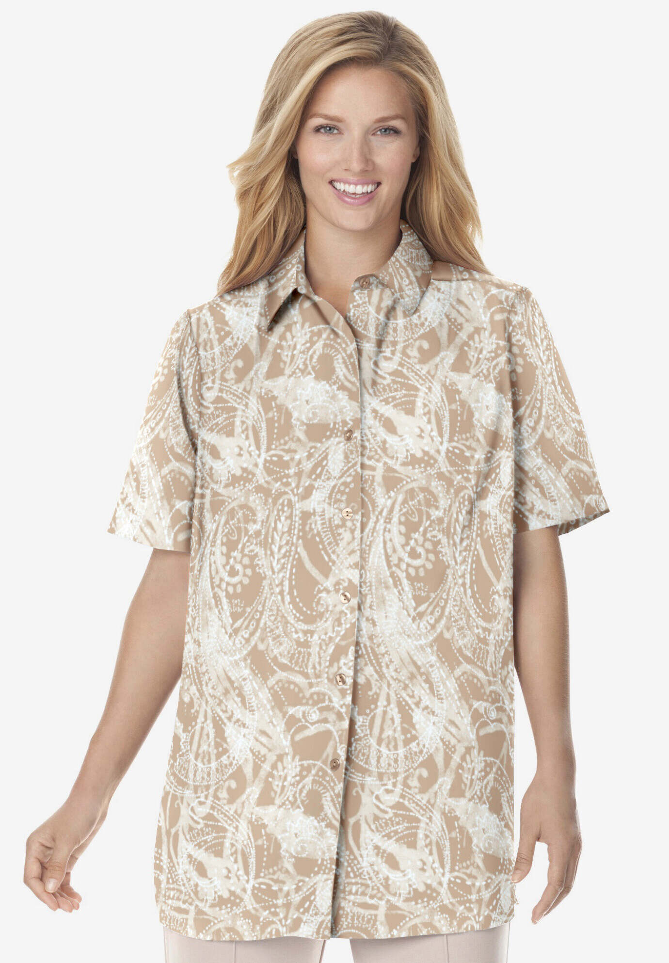 Short-Sleeve Peachskin Button-Front Shirt
