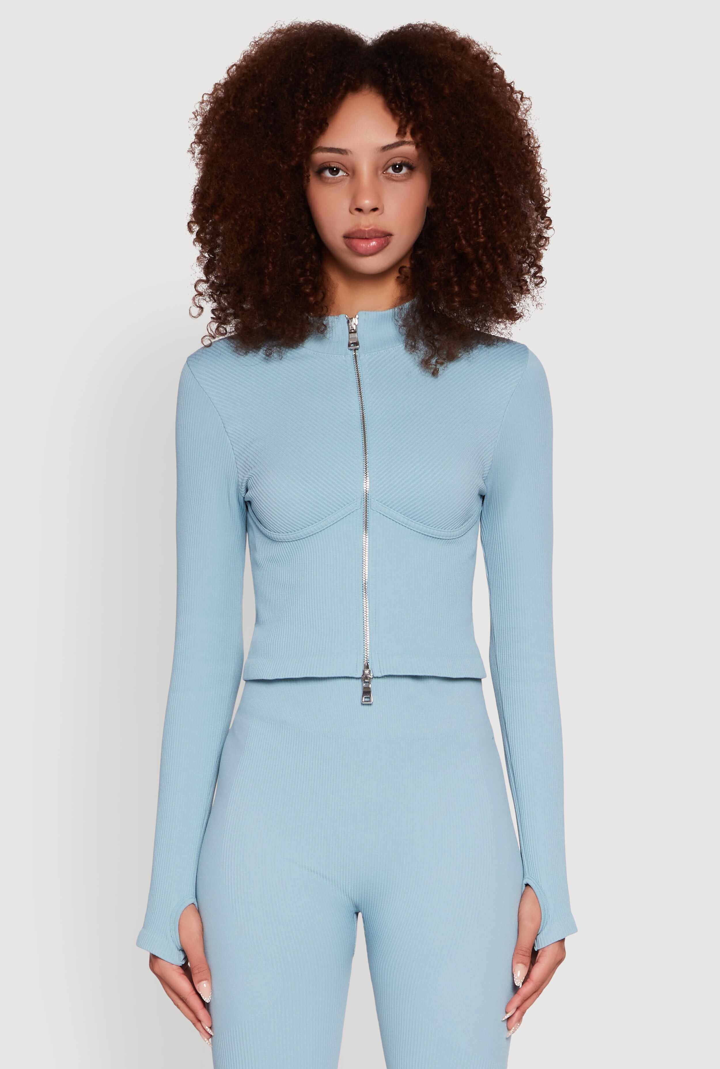 Seamless Ribbed Knit Bustier Detail Cropped Track Jacket