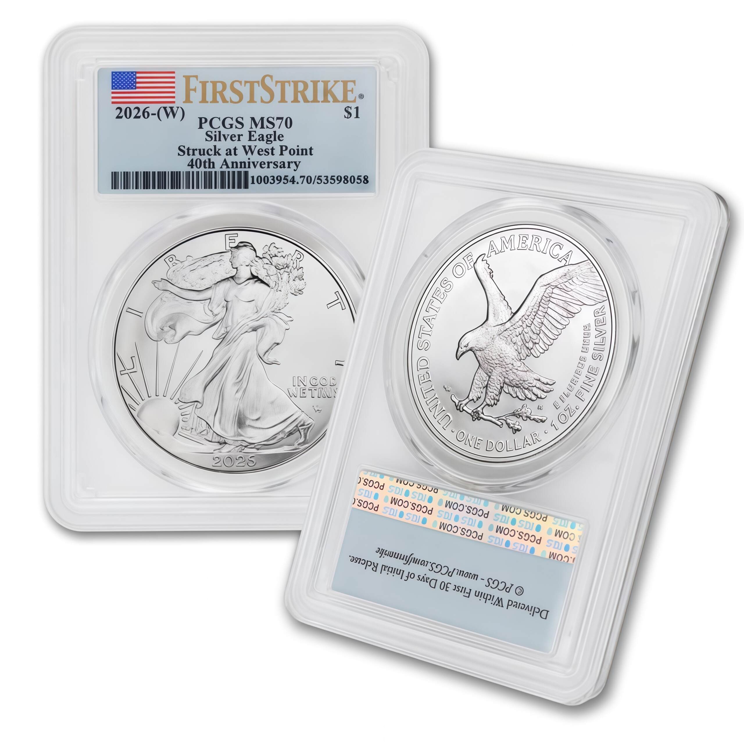 2026 1 oz American Silver Eagle MS70 (First Strike , 40th Anniversary, Struck at West Point, Flag Label)