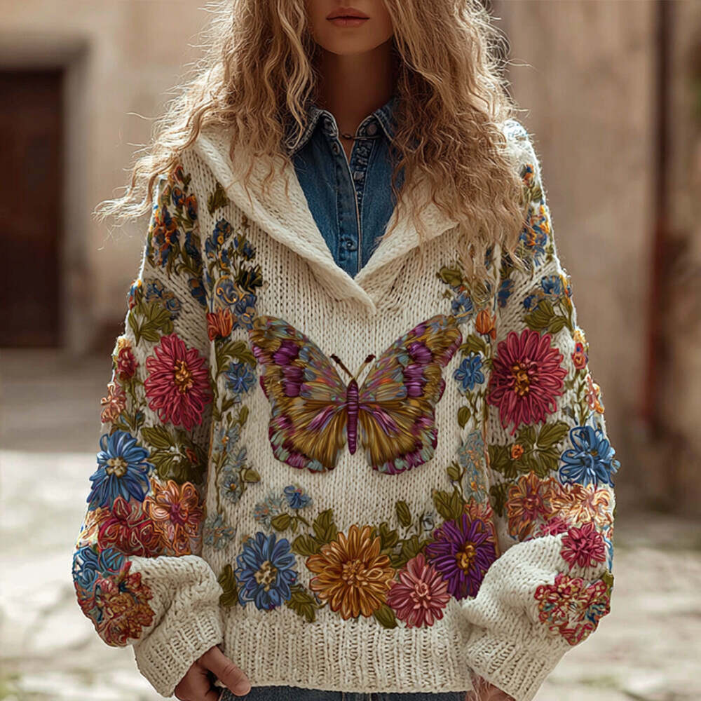 Women's Vintage Multi-colored Butterfly Floral Sweater