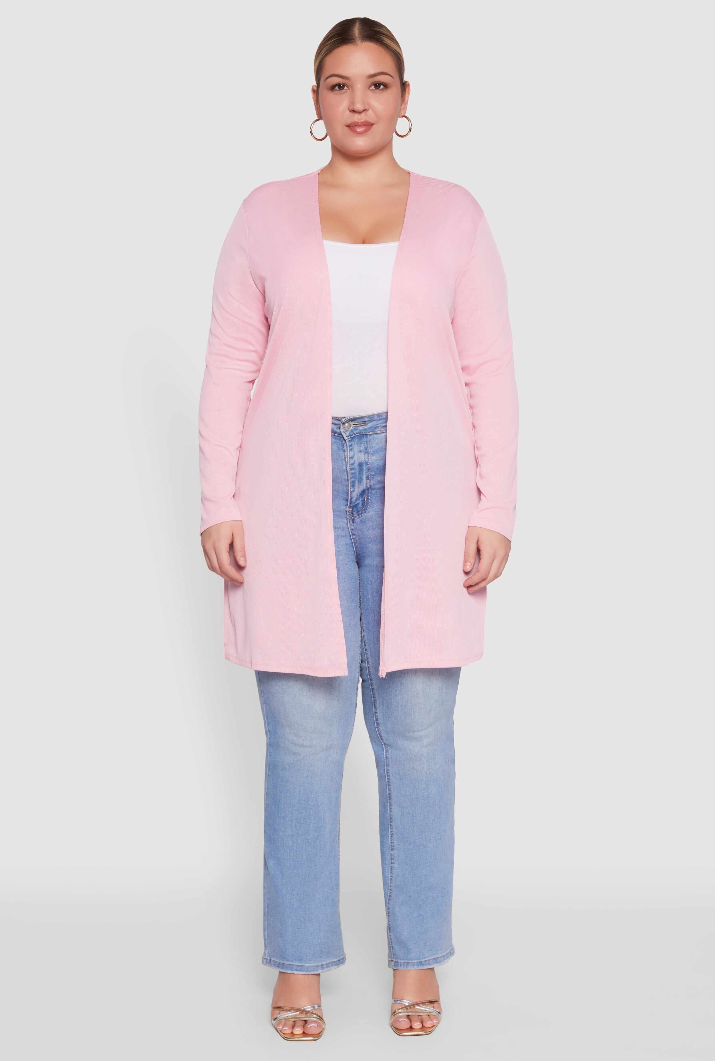 Plus Size Rib Knit Long Sleeve Duster