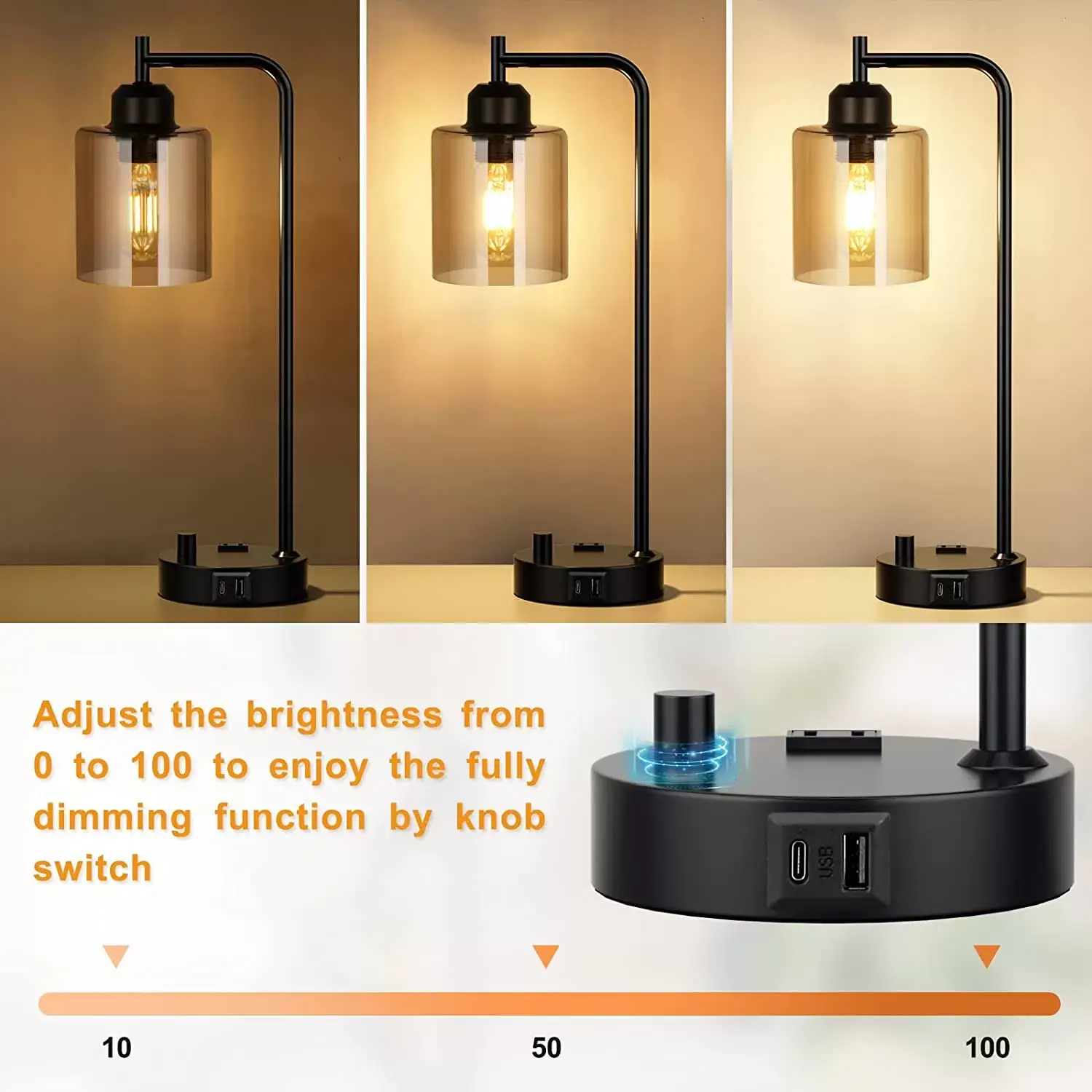 Industrial Bedside Table Lamp for Bedroom - Nightstand Lamps with USB C Charging Port, Fully Dimmable Black Lamps with USB Ports and Outlets, Small Desk Lamp with Glass Shade for Office Living Room