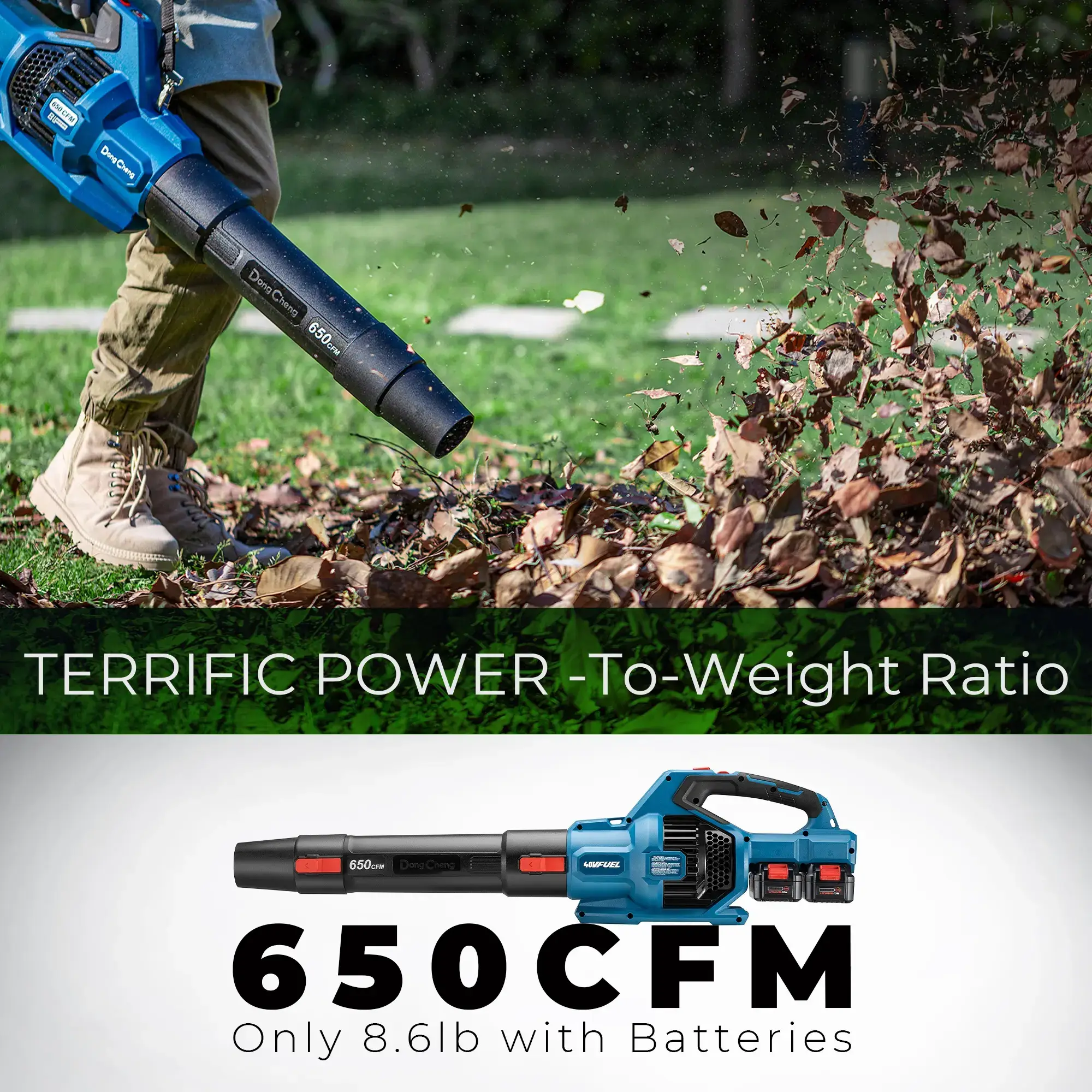 【5-year warranty】DongCheng 650 CFM Cordless Leaf Blower, 40V Battery Powered Blower with 2 * 4.0Ah Batteries & Charger, High-Efficiency Brushless Motor for Sidewalks, Driveways, Town Care, Blowing Leaves and Snow Heavy Duty