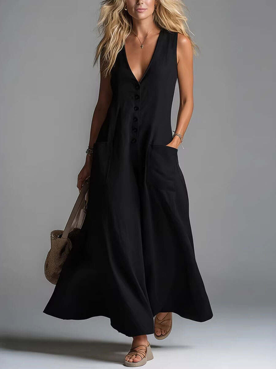 🔥Summer Arrivals🌟Women's Casual Pocket Deep V-neck Solid Color Casual Dress