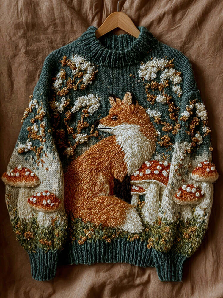 Autumn Fox & Mushroom Knit Embroidered Women's Sweater