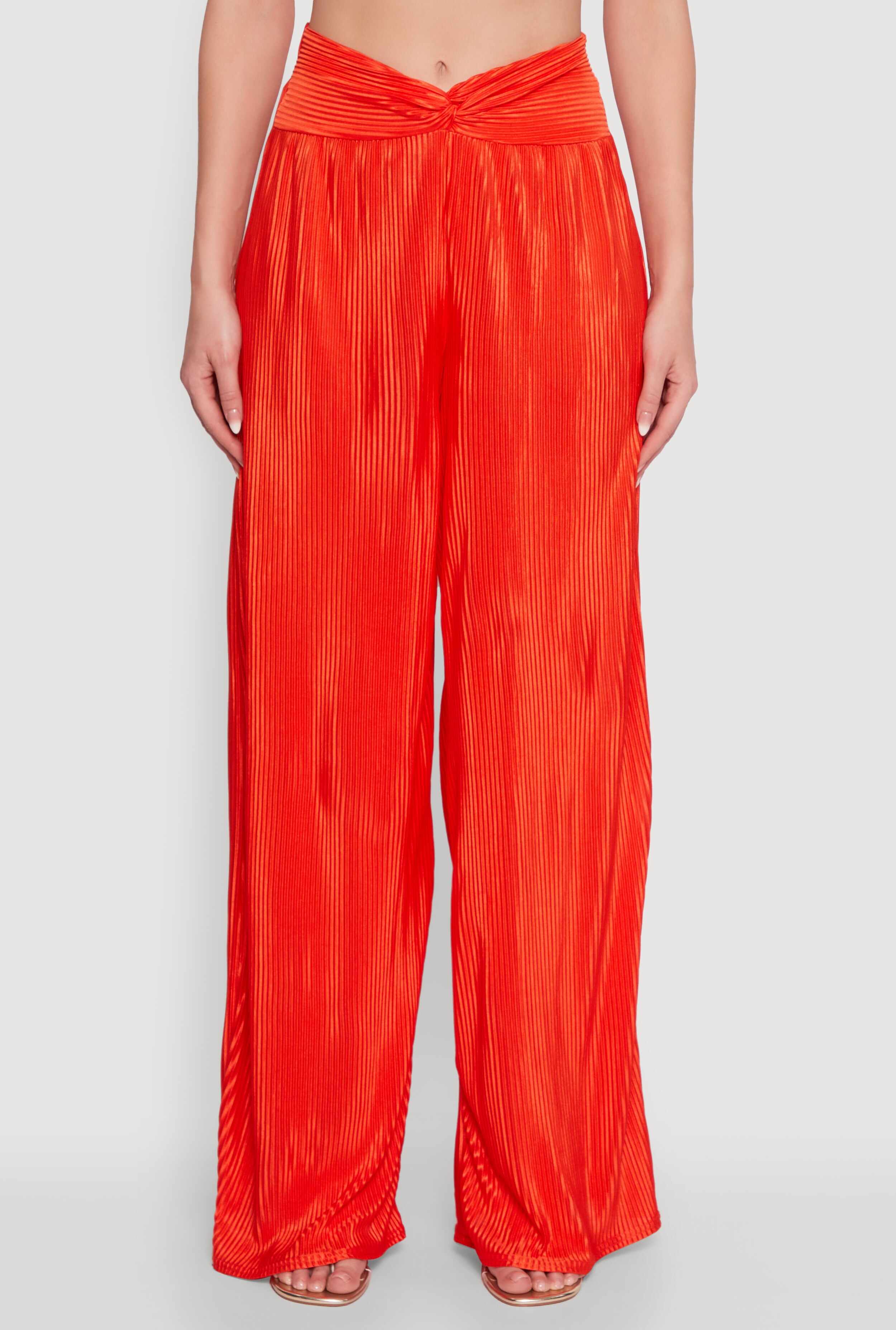 Stylish Plisse High Waisted Palazzo Pants with Twist Front Waist