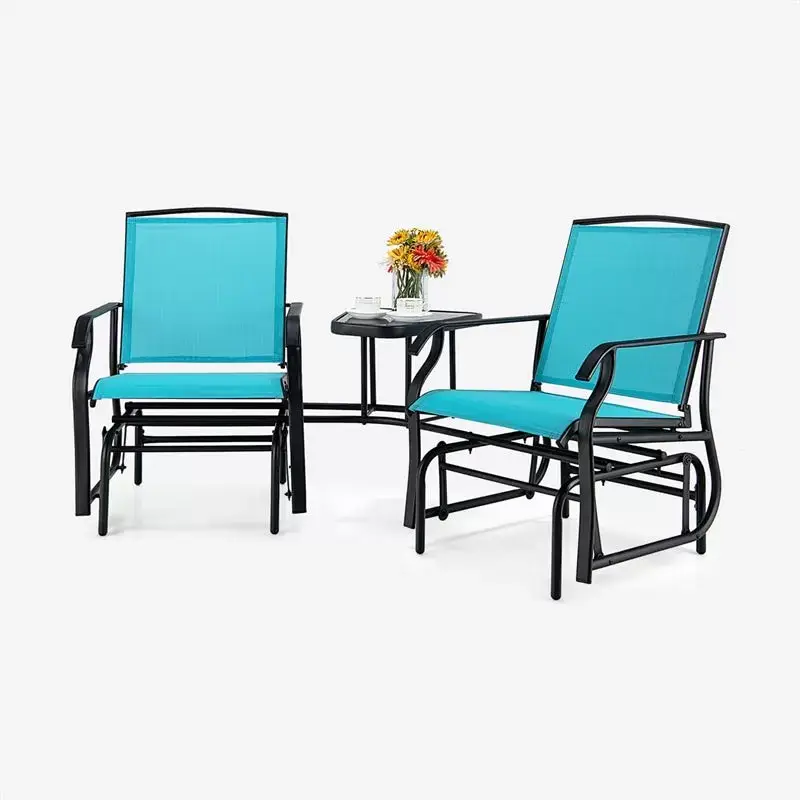 2-Seat Patio Rocking Chair Outdoor Double Glider Chair with Glass Table & Umbrella Hole