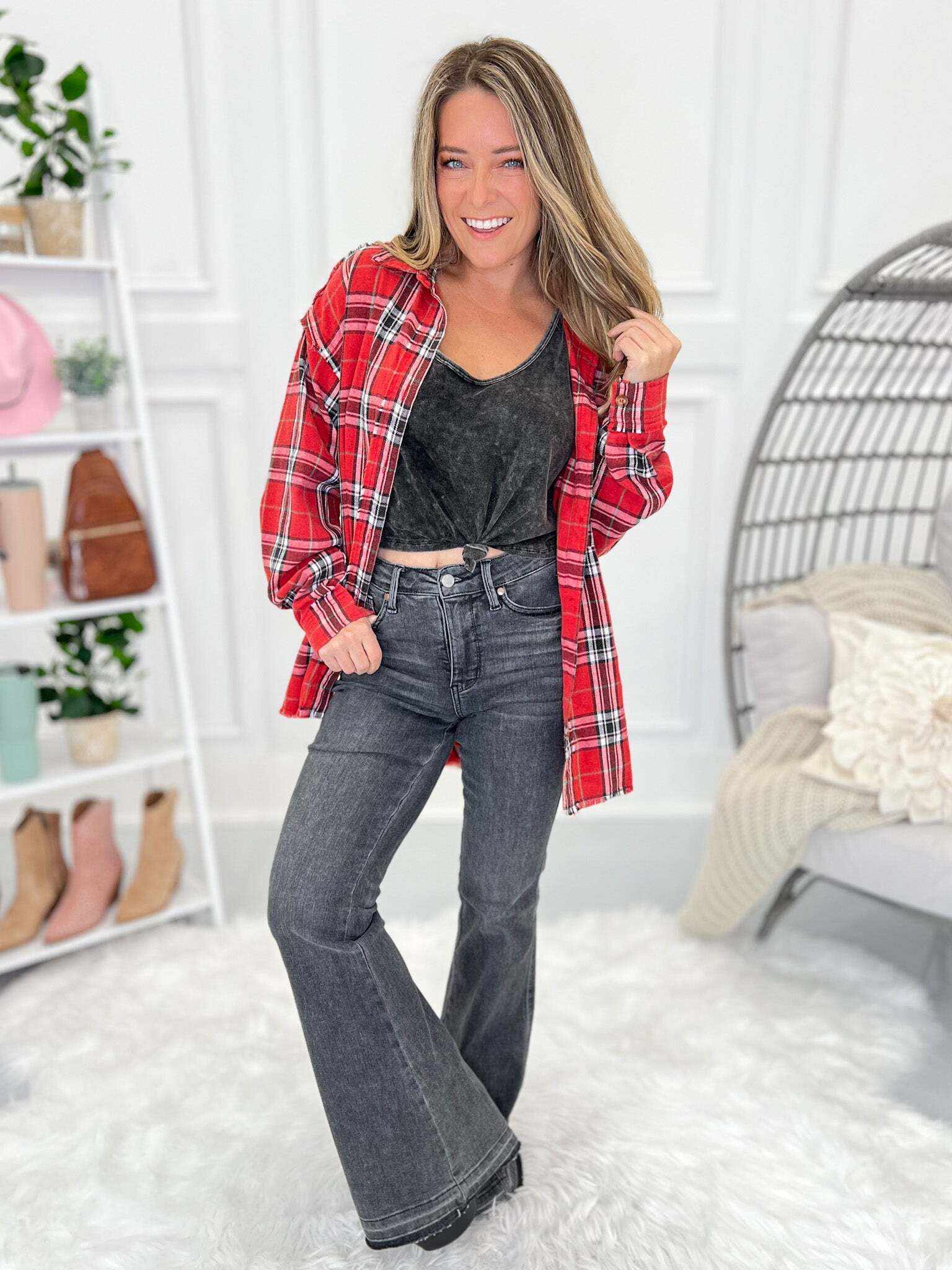 Double Dipped - Christmas Shadow Hem Flare Jeans- Final Sale