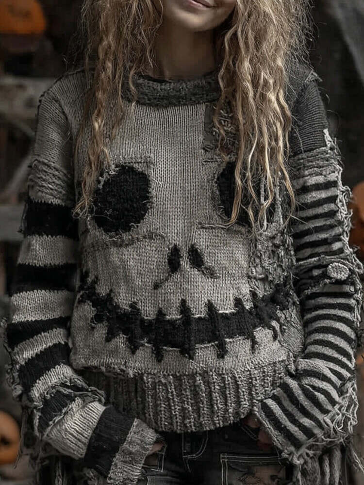 Halloween Pumpkin Face Patchwork Art Cozy Knit Sweater