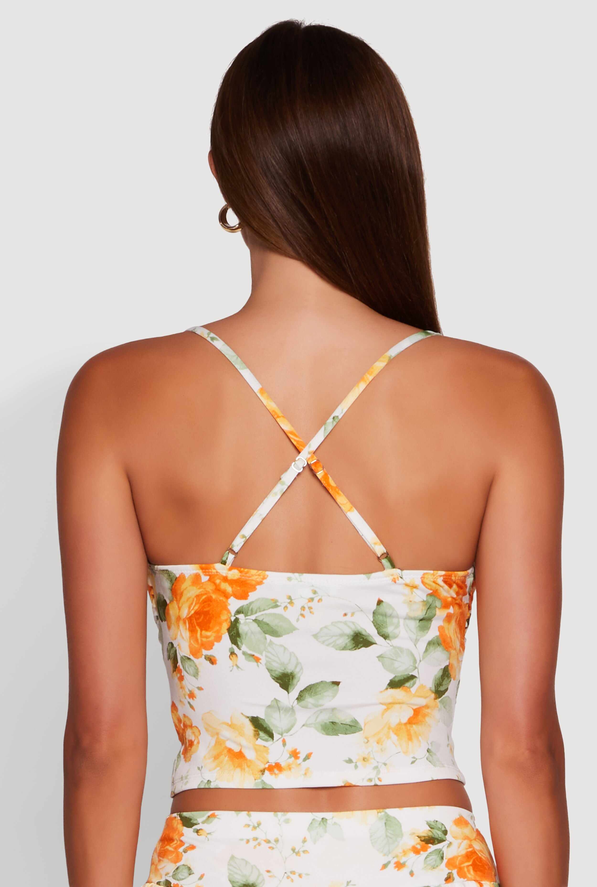 Haute Monde Floral Print Lace Detail Crop Top
