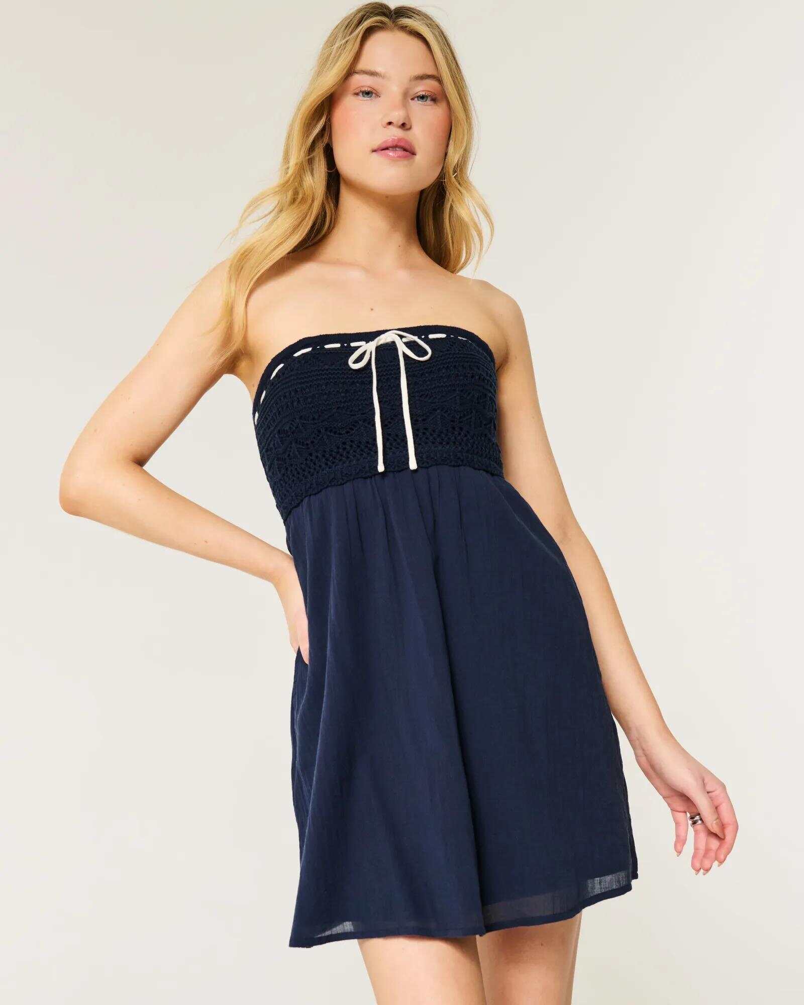 Crochet-Style Mix Strapless Mini Dress