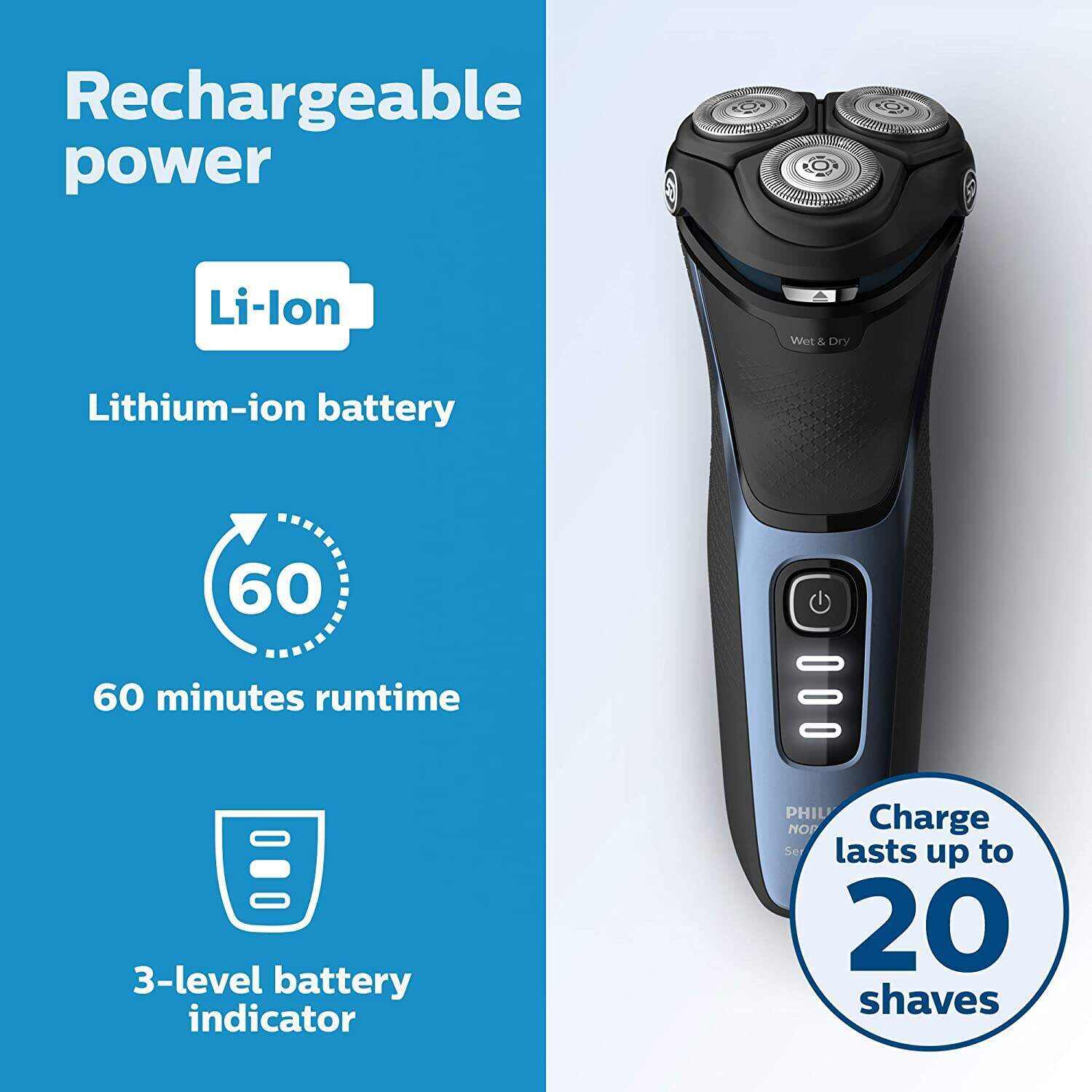 Philips Norelco Shaver 3800, Rechargeable Wet & Dry Shaver with Pop-up Trimmer, Charging Stand and Storage Pouch, Space Gray, S3311/85