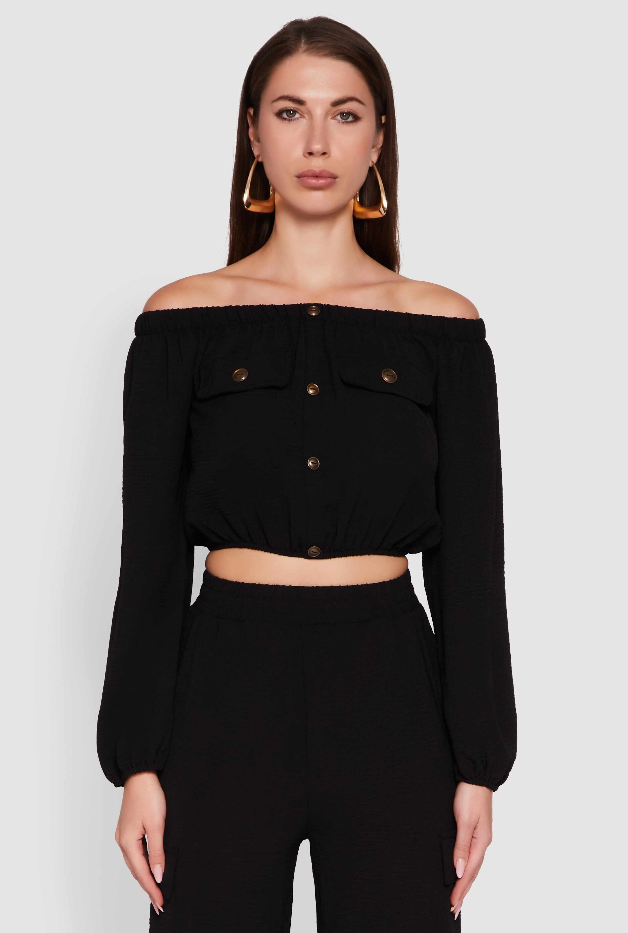 Crepe Knit Bubble Sleeve Off The Shoulder Crop Top