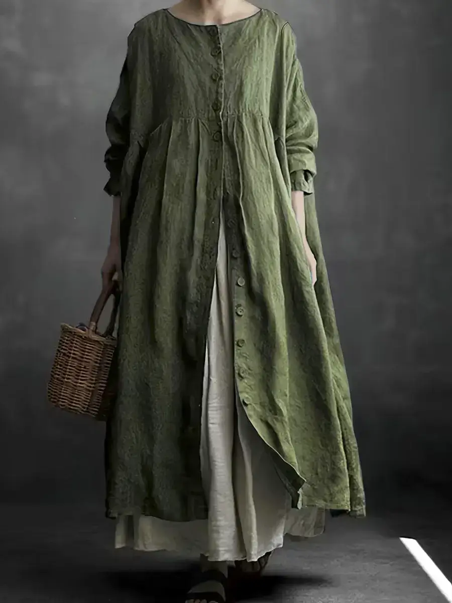 🔥Summer Arrivals🌟Women's Solid Color Art Casual Long Sleeve Cotton Linen Dress